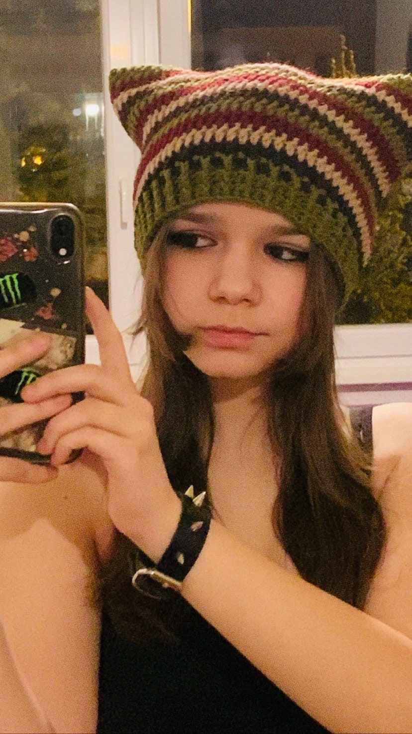 Striped Crochet Cat Ears Beanie: Handmade Wool Blend Hat