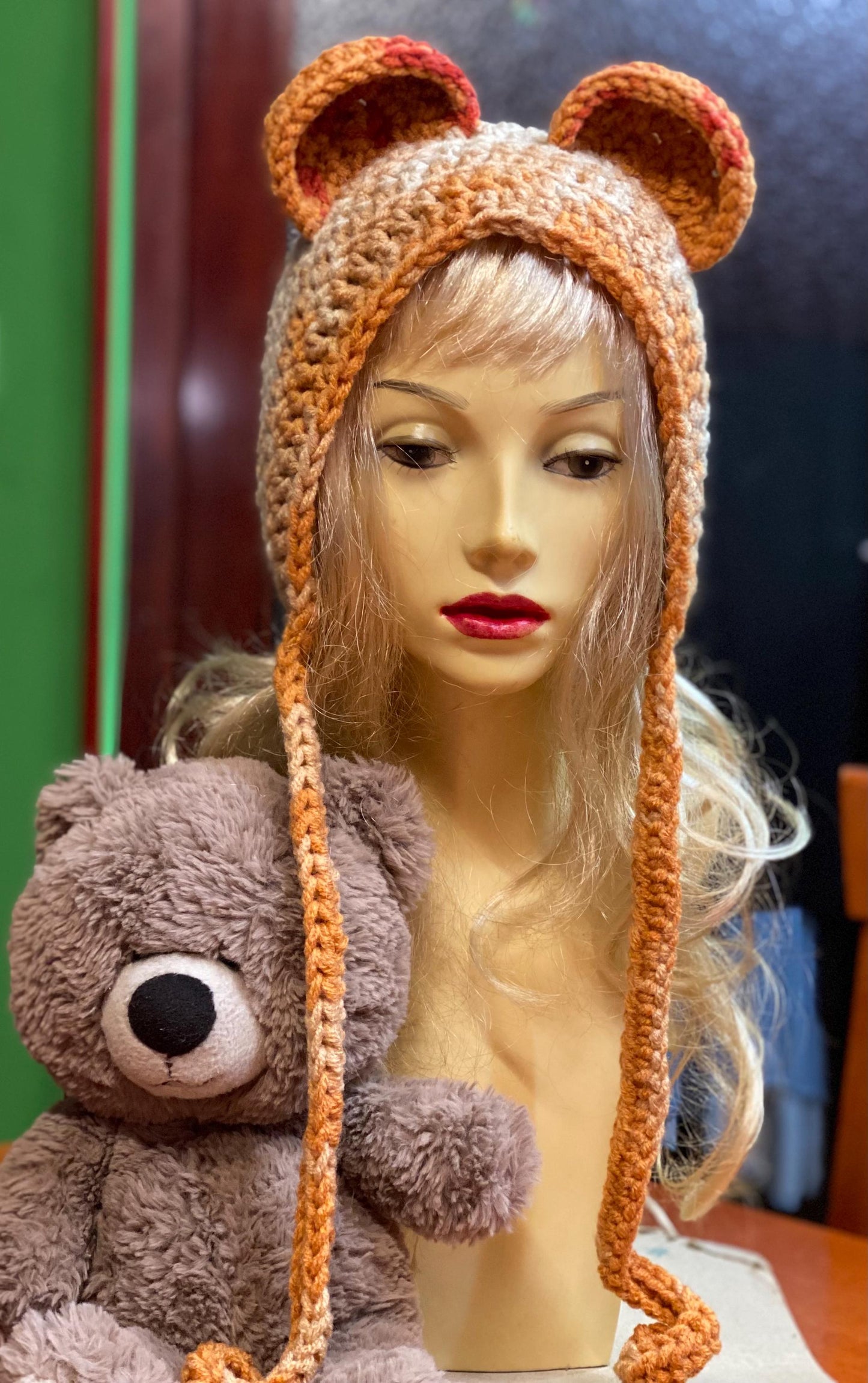 Handmade Black Bear Ear Bonnet with Ties, Crochet Animal Ear Beanie, Gothic Aesthetic Winter Hat, Cute Bear Ear Hood with Tassels, Coquette