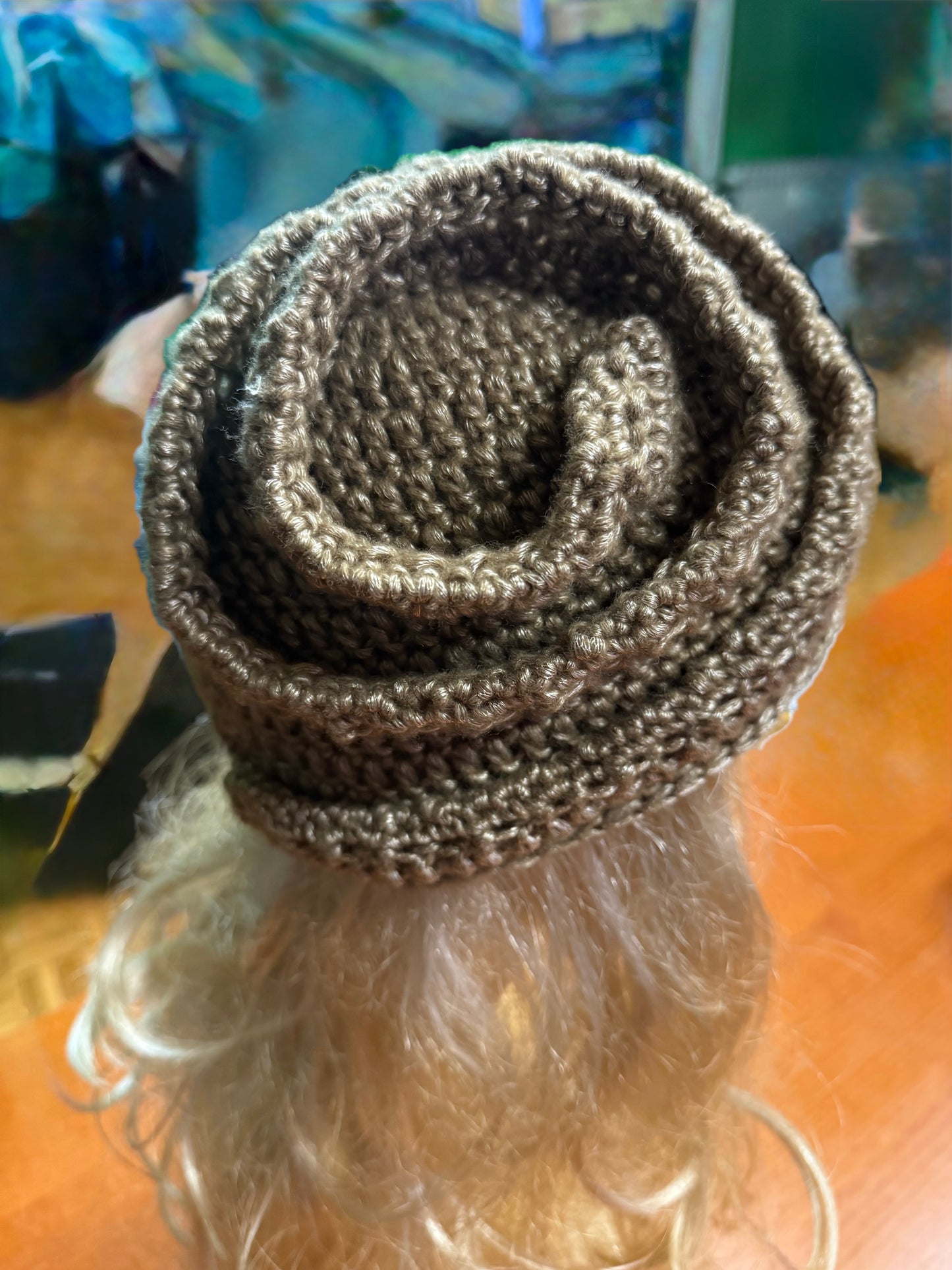 Beige-gold Crochet Snail Hat – Handmade Spiral Beanie, snake hat, Winter Cloche