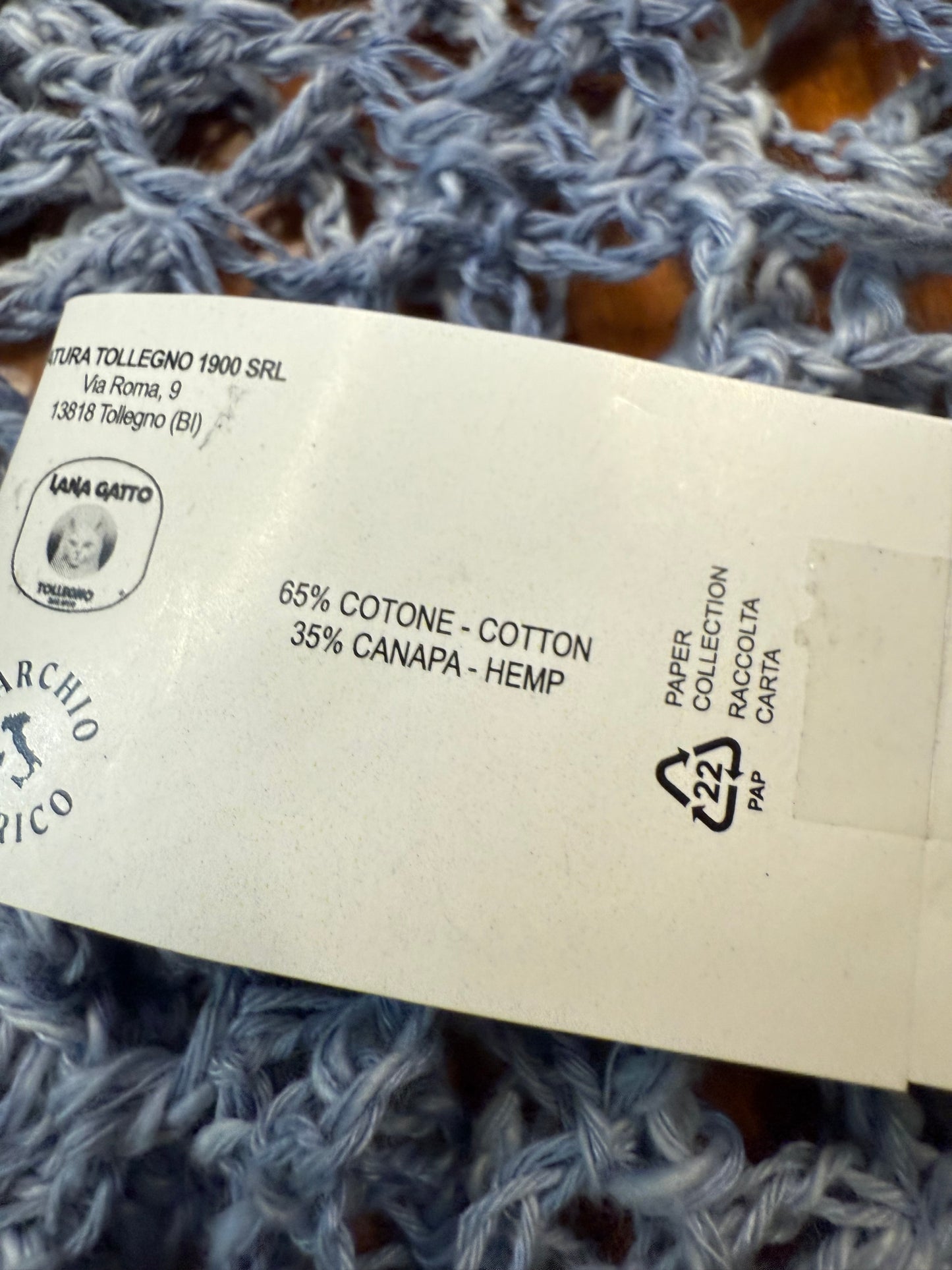 Crochet unique jeans blue Circle blouse, Hand-Crocheted Boho Blouse – Hemp & Cotton Blend with Hematite Accents