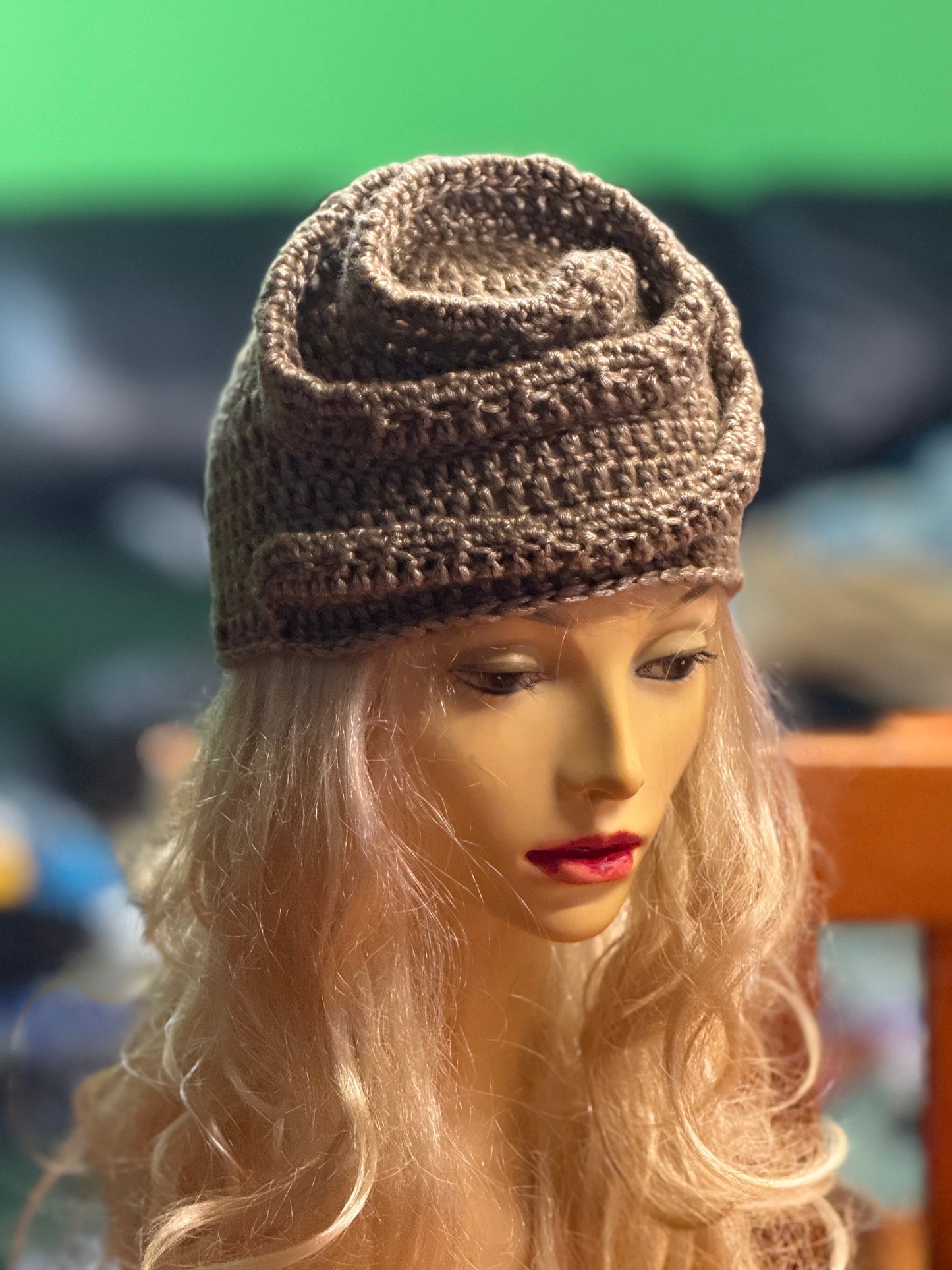 Beige-gold Crochet Snail Hat – Handmade Spiral Beanie, snake hat, Winter Cloche