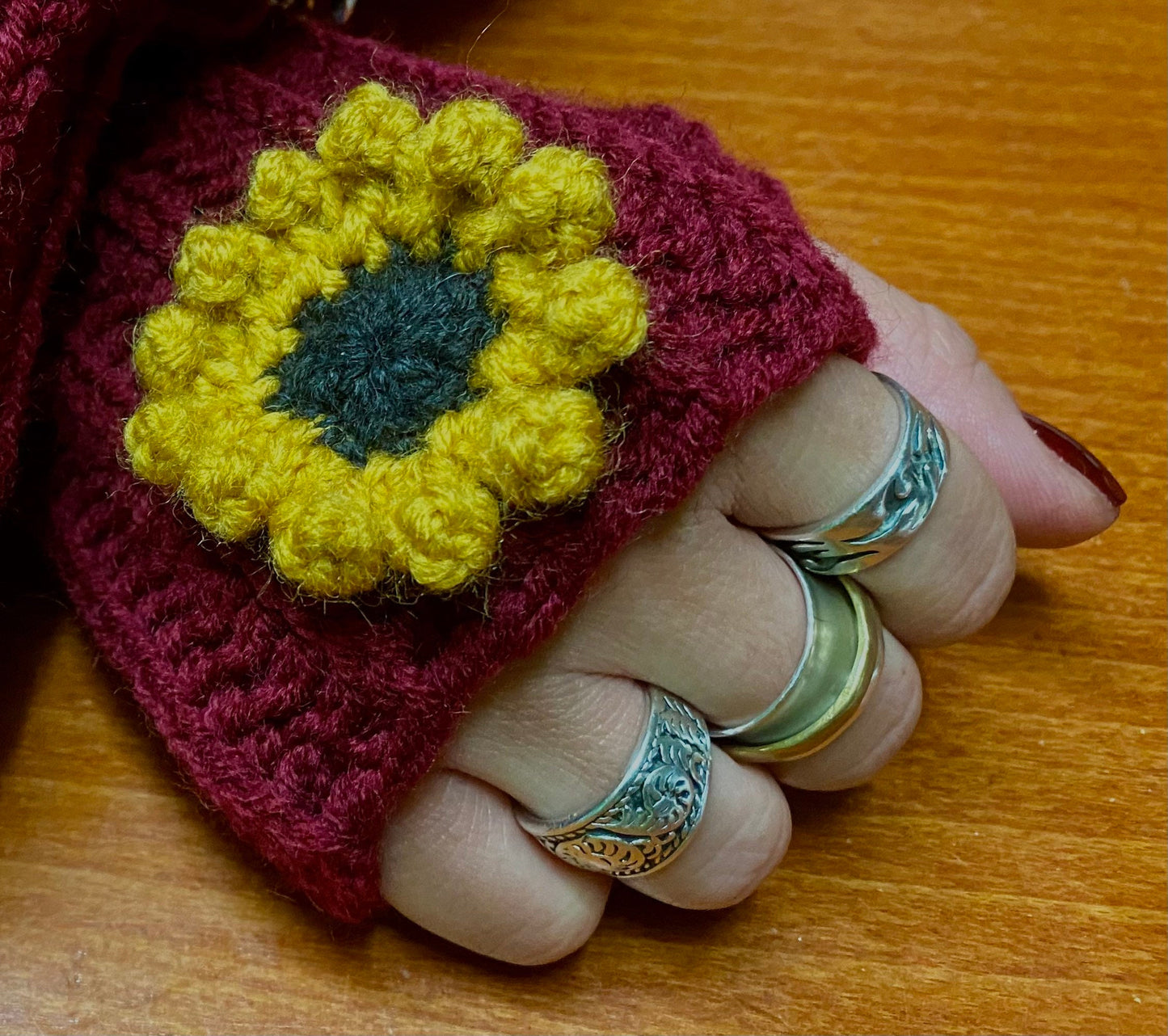 Crochet Sunflower Gloves: Burgundy Wool Blend Hand Warmers