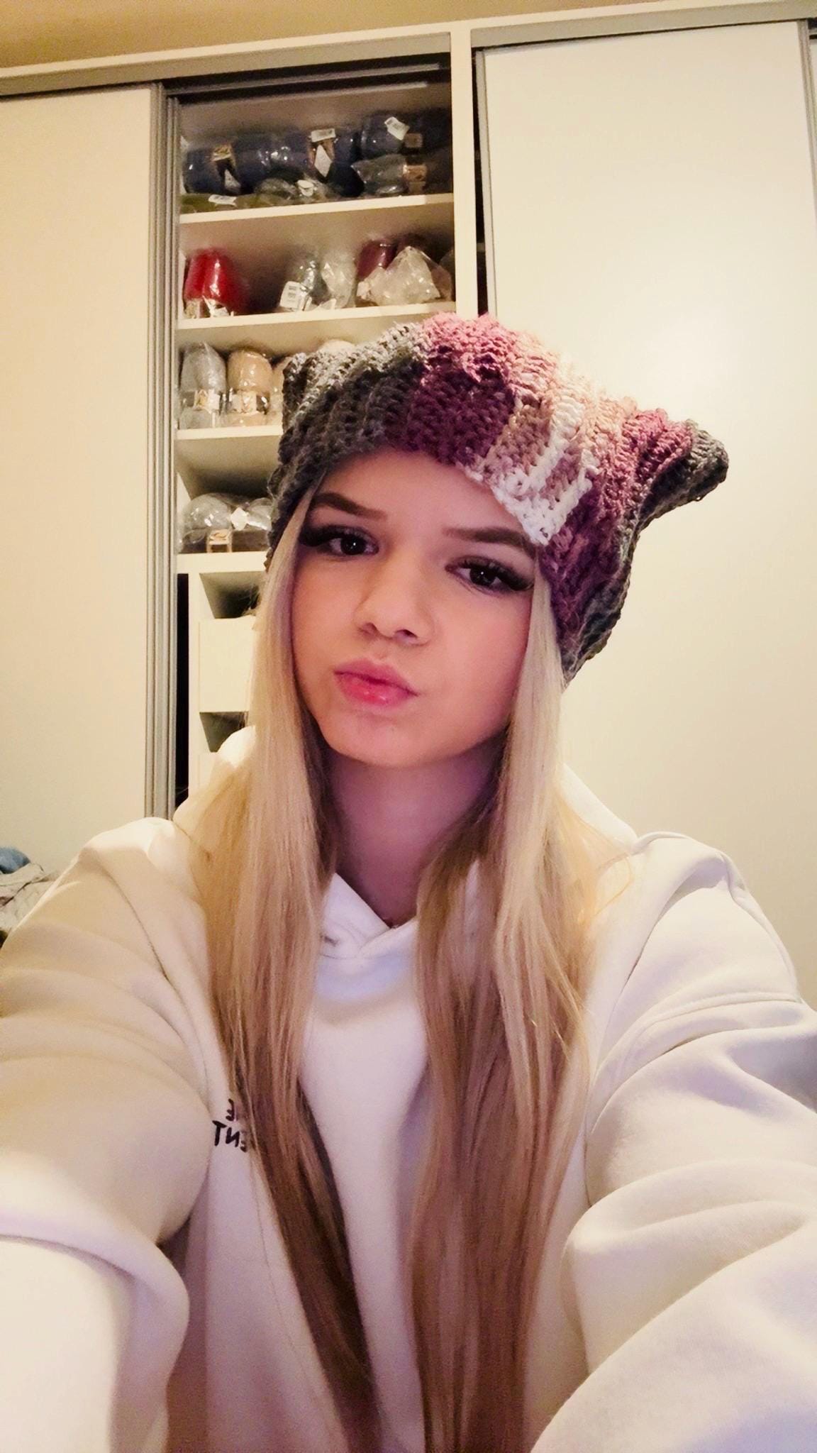 Crochet cat ear beanie, ombre striped square hat, y2k aesthetic winter cap, handmade aesthetic grunge hat, gray and white striped kitty hat