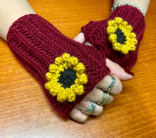 Crochet Sunflower Gloves: Burgundy Wool Blend Hand Warmers