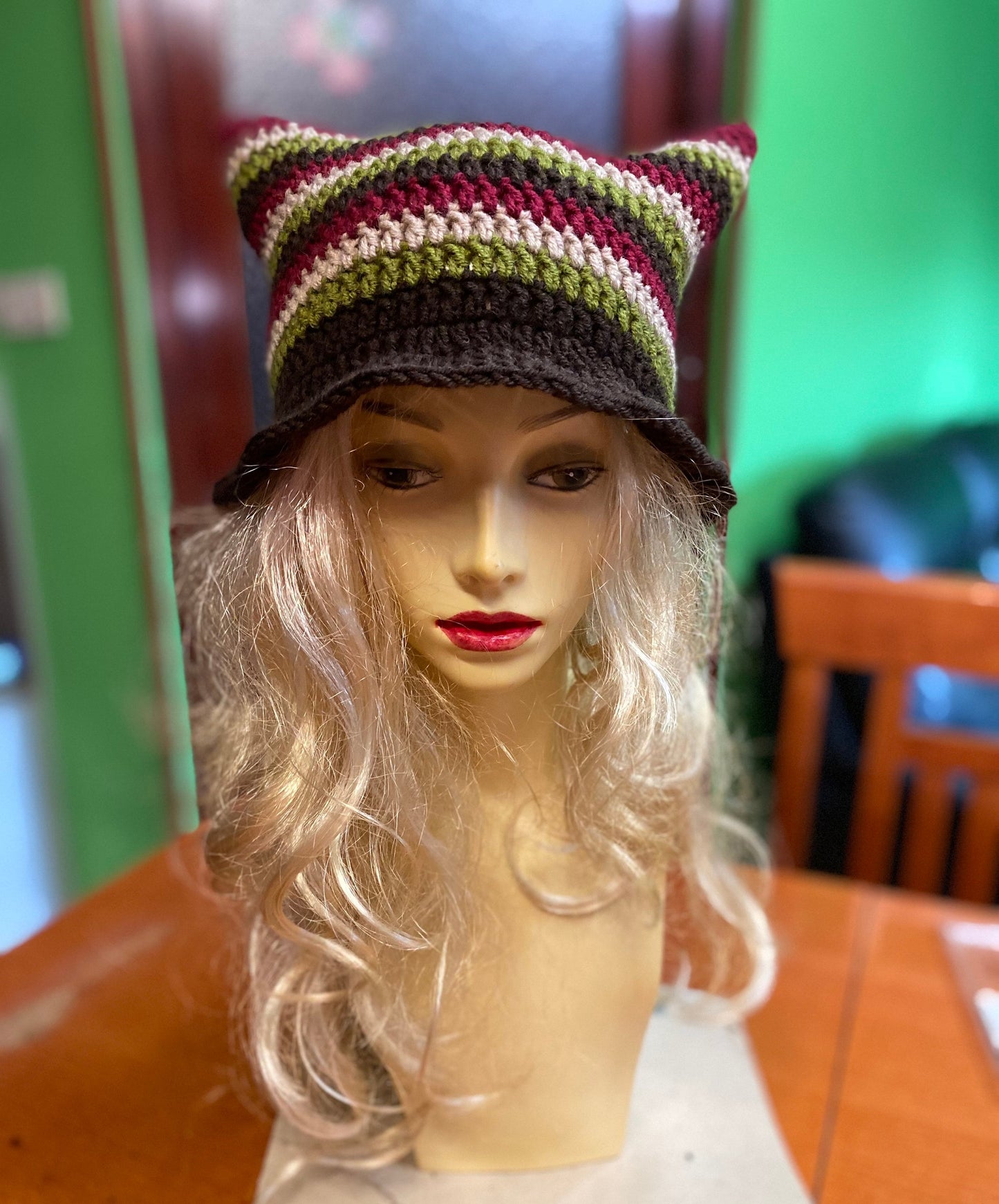 Handmade Crochet Cat Ears Beanie, earthy tones aesthetic beanie, bucket striped kitty hat, handmade kitty hat, striped winter bonnet