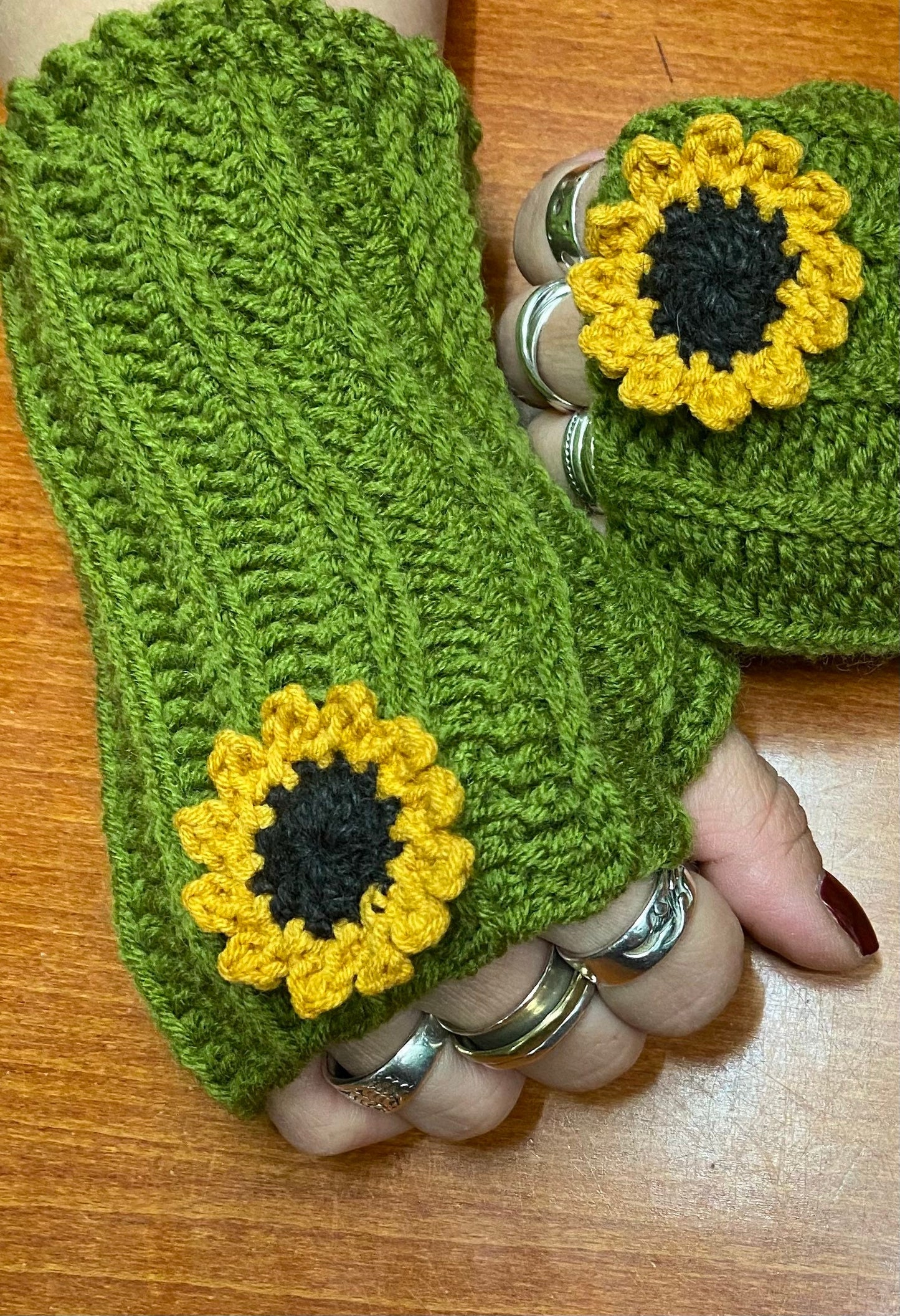 Crochet Sunflower Fingerless Gloves: Olive Green Handwarmers