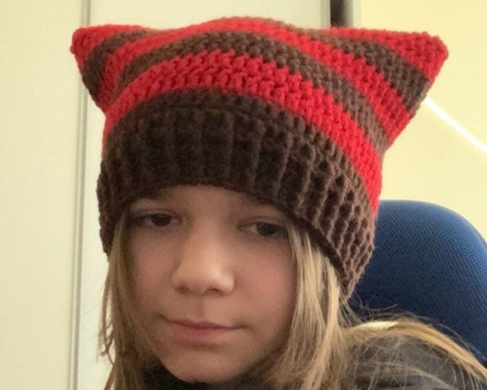 Handmade Striped Crochet Cat Ear Beanie: Wool Blend