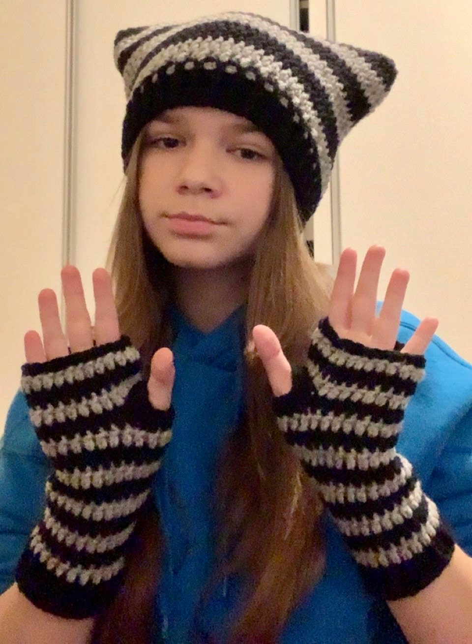 Striped Crochet Cat Ear Beanie: Handmade Wool-Blend Hat