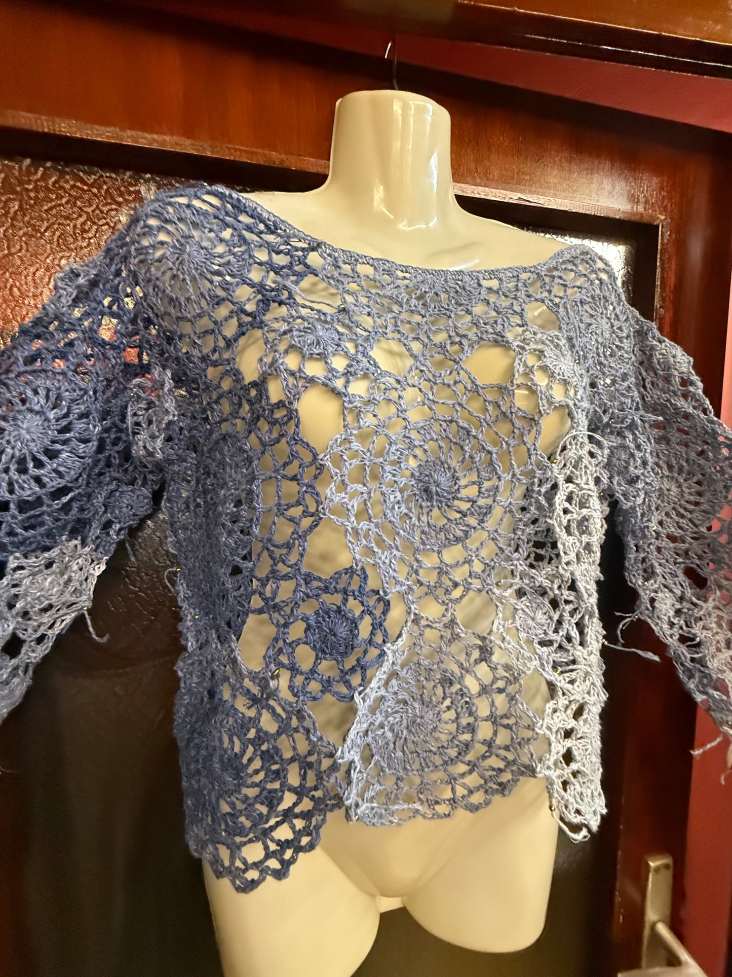 Crochet unique jeans blue Circle blouse, Hand-Crocheted Boho Blouse – Hemp & Cotton Blend with Hematite Accents