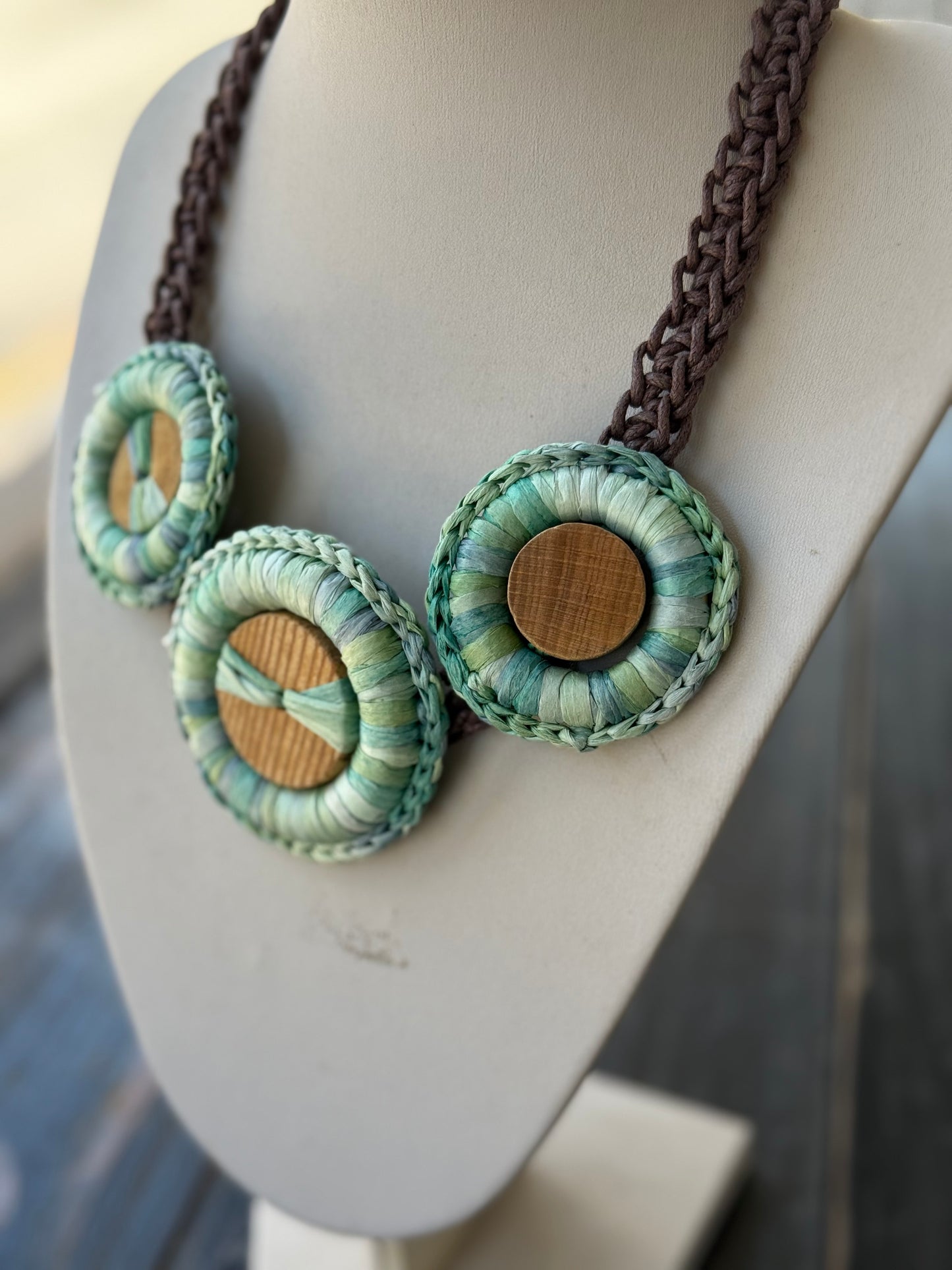 Crochet raffia wooden necklace