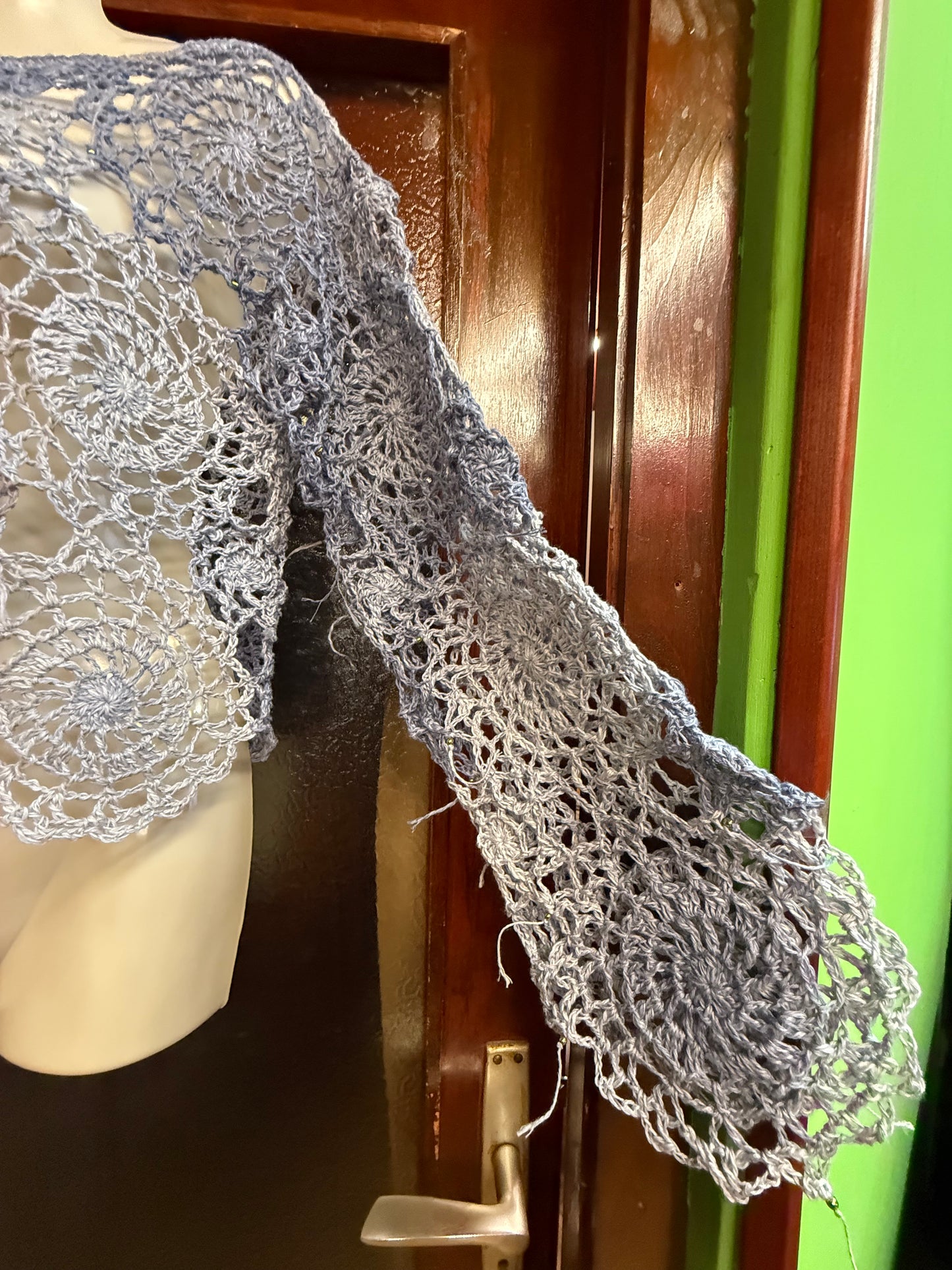 Crochet unique jeans blue Circle blouse, Hand-Crocheted Boho Blouse – Hemp & Cotton Blend with Hematite Accents