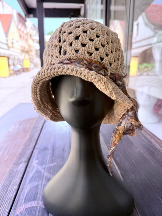 Crochet beige bucket Sun Hat,Handmade Cotton Hat, granny squere bucket hat