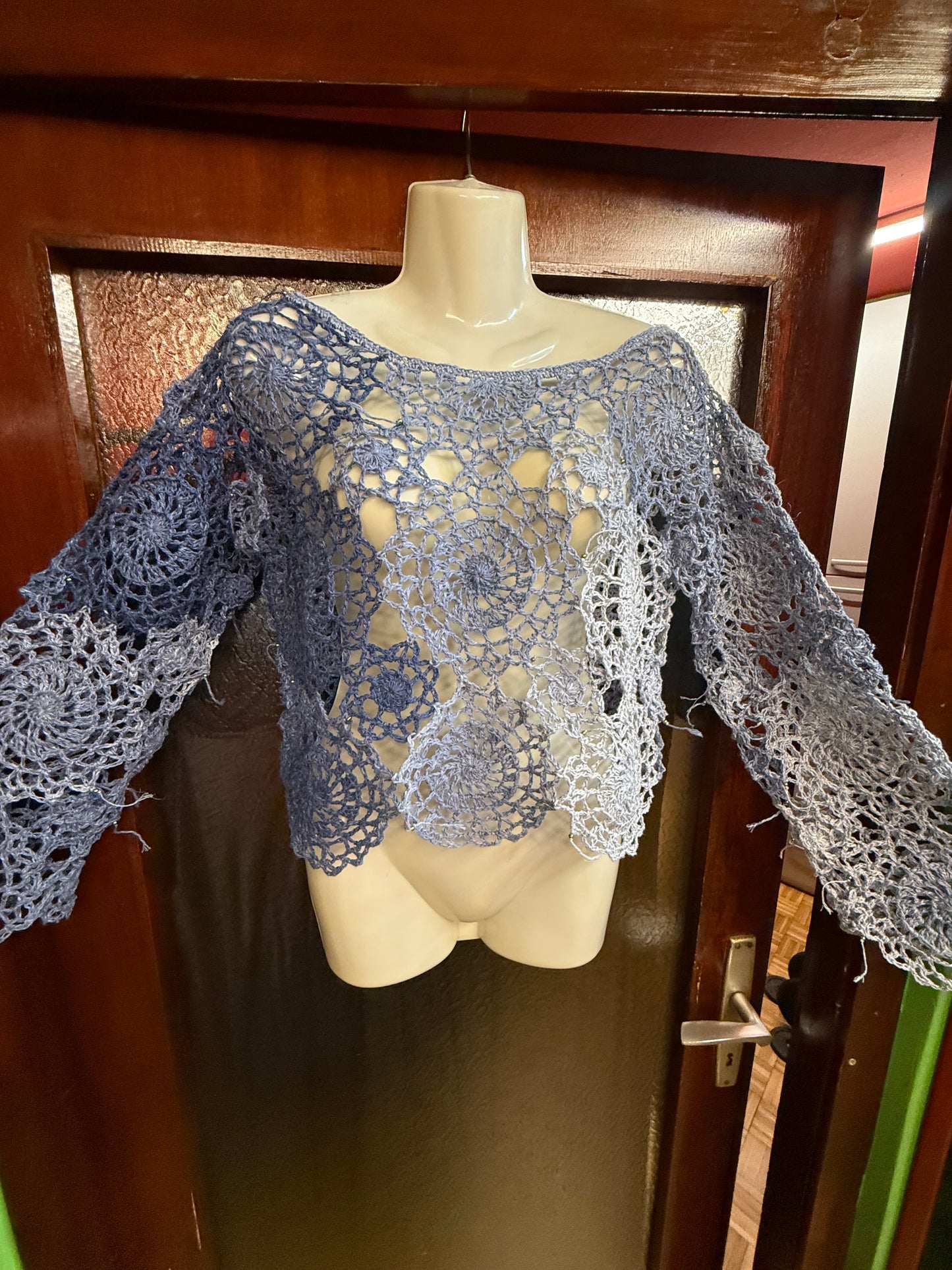 Crochet unique jeans blue Circle blouse, Hand-Crocheted Boho Blouse – Hemp & Cotton Blend with Hematite Accents