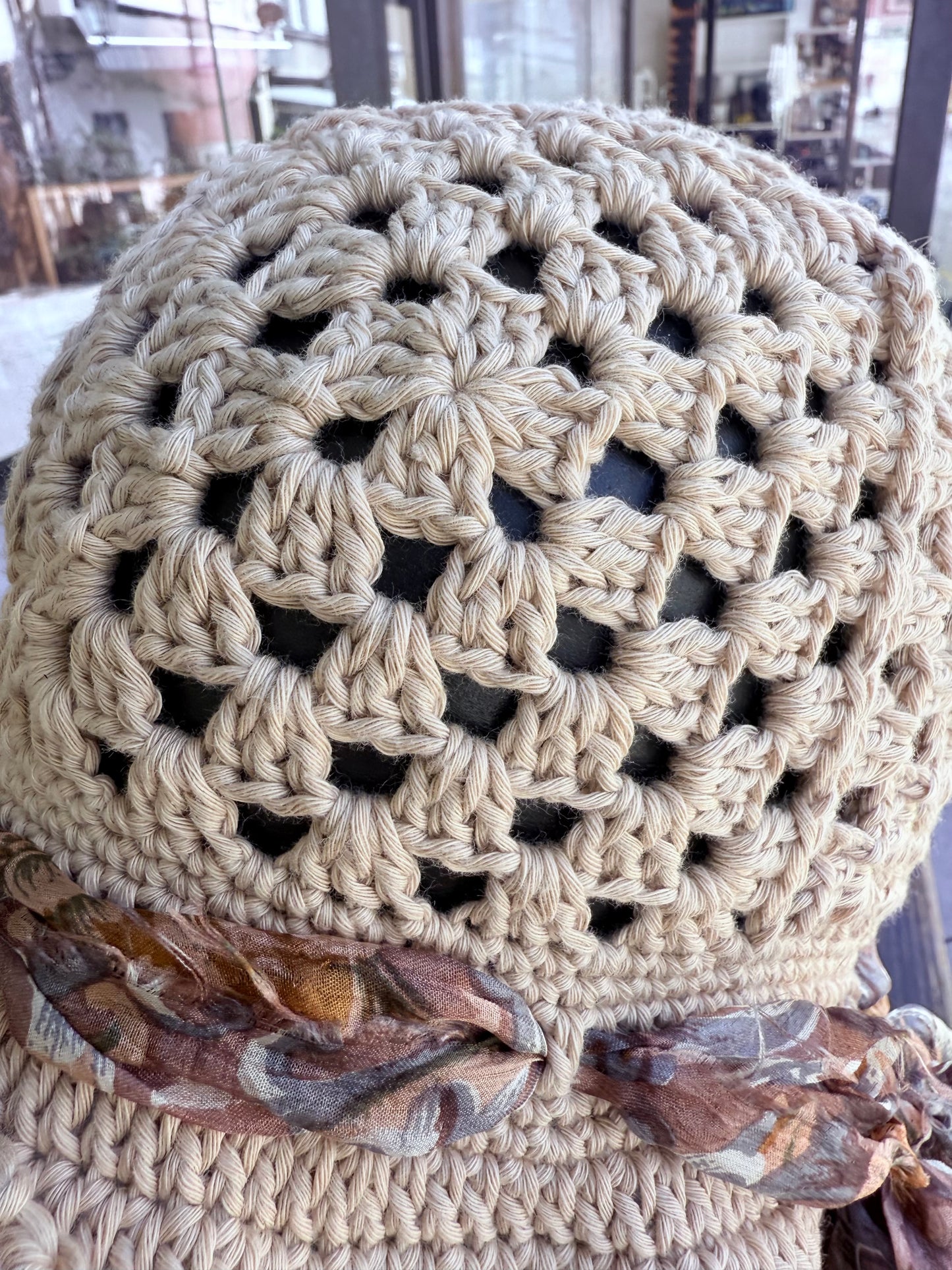 Crochet beige bucket Sun Hat,Handmade Cotton Hat, granny squere bucket hat