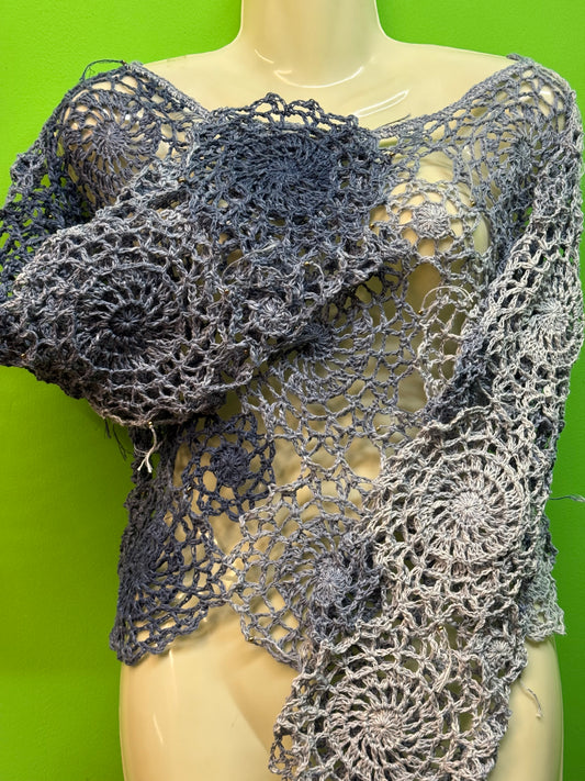 Crochet unique jeans blue Circle blouse, Hand-Crocheted Boho Blouse – Hemp & Cotton Blend with Hematite Accents