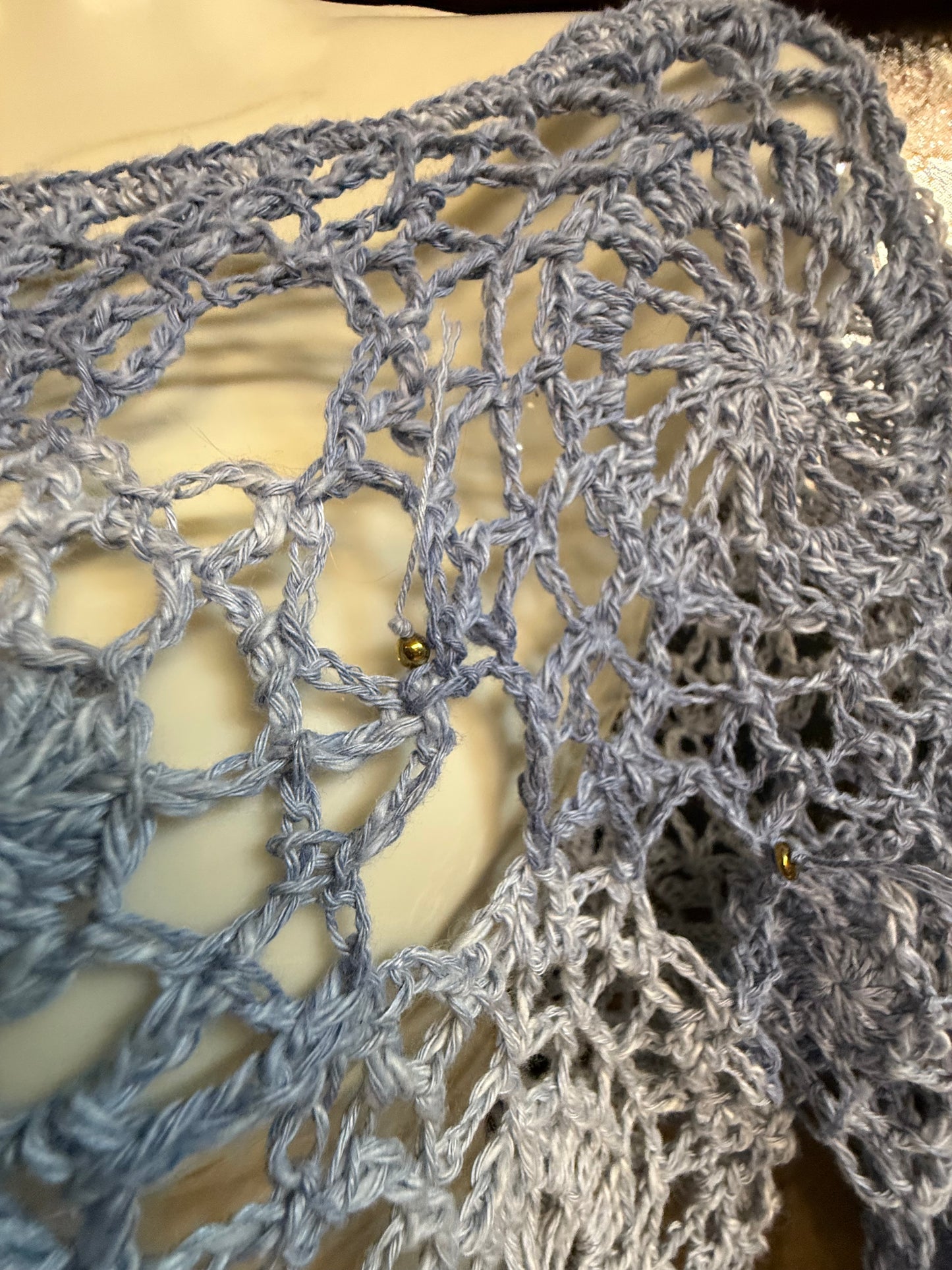 Crochet unique jeans blue Circle blouse, Hand-Crocheted Boho Blouse – Hemp & Cotton Blend with Hematite Accents