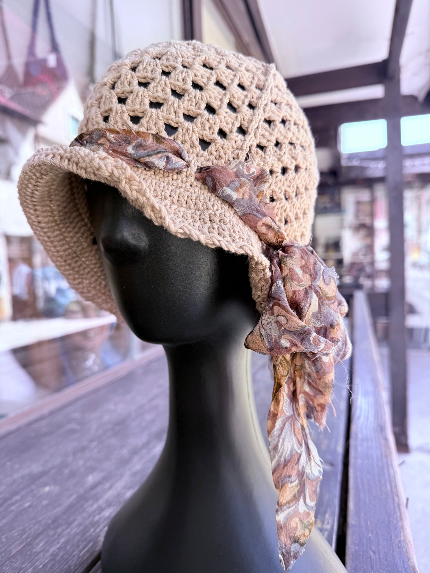 Crochet beige bucket Sun Hat,Handmade Cotton Hat, granny squere bucket hat