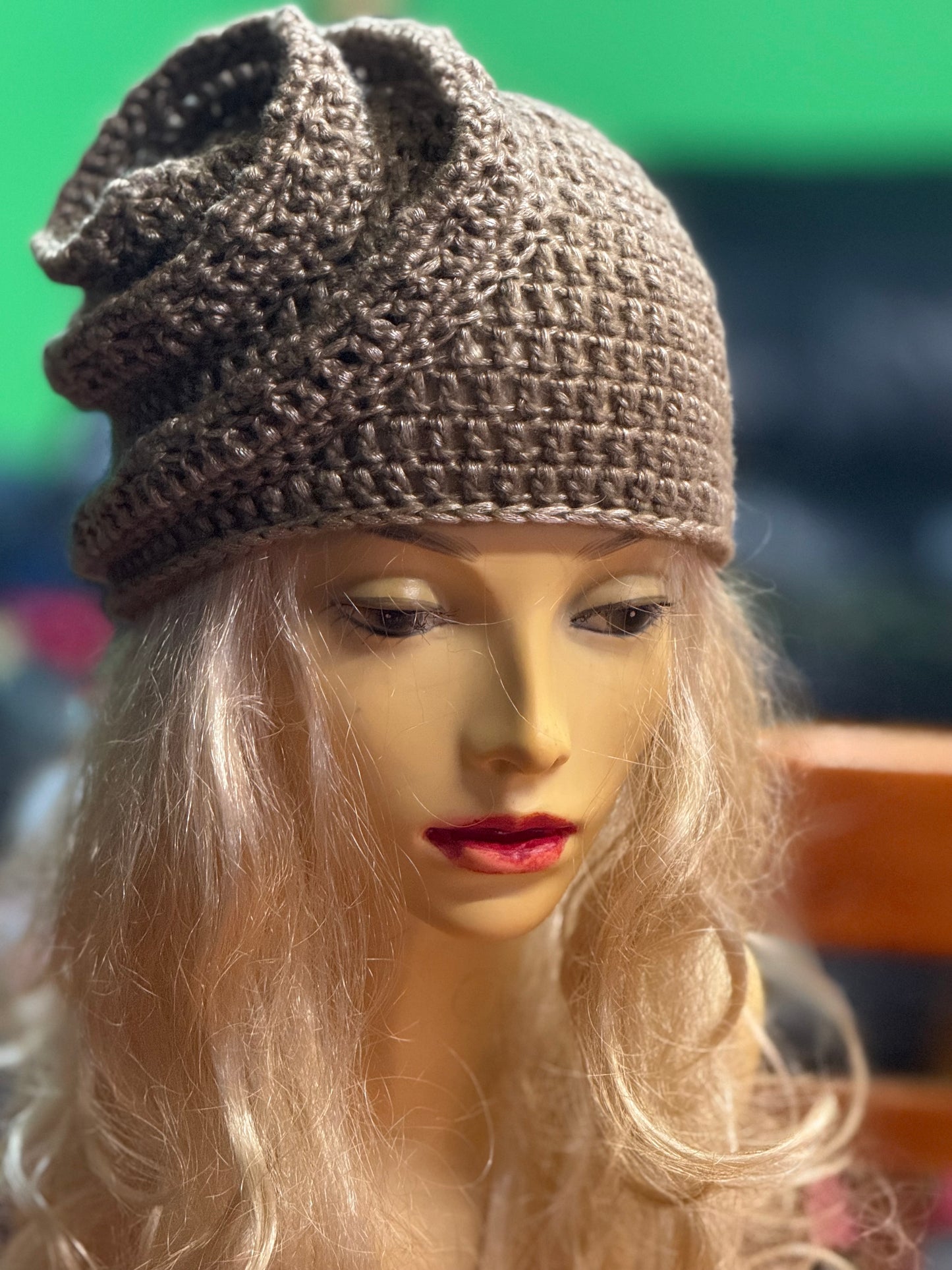 Beige-gold Crochet Snail Hat – Handmade Spiral Beanie, snake hat, Winter Cloche