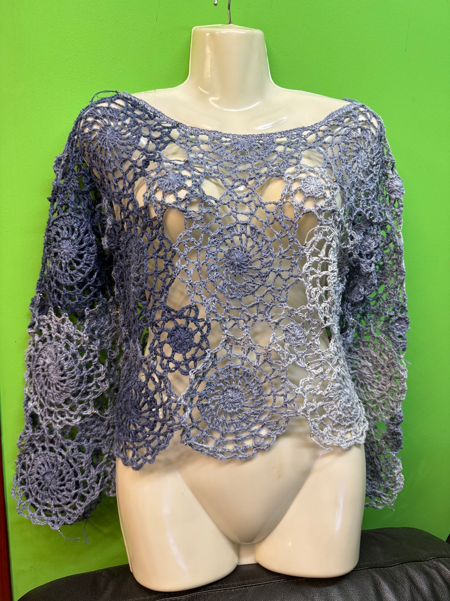 Crochet unique jeans blue Circle blouse, Hand-Crocheted Boho Blouse – Hemp & Cotton Blend with Hematite Accents