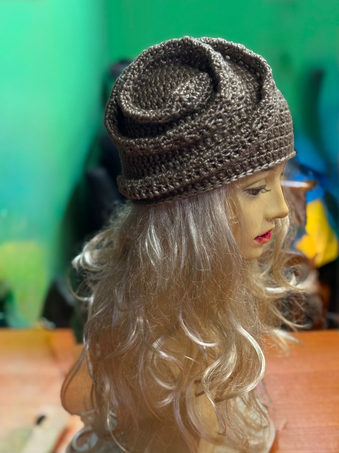 Beige-gold Crochet Snail Hat – Handmade Spiral Beanie, snake hat, Winter Cloche