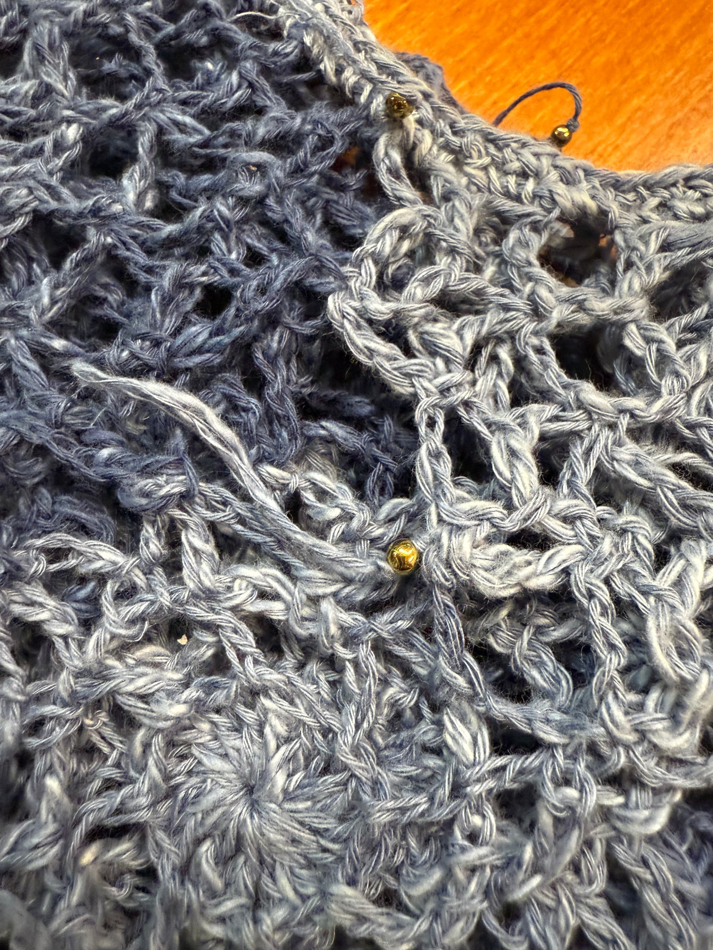 Crochet unique jeans blue Circle blouse, Hand-Crocheted Boho Blouse – Hemp & Cotton Blend with Hematite Accents