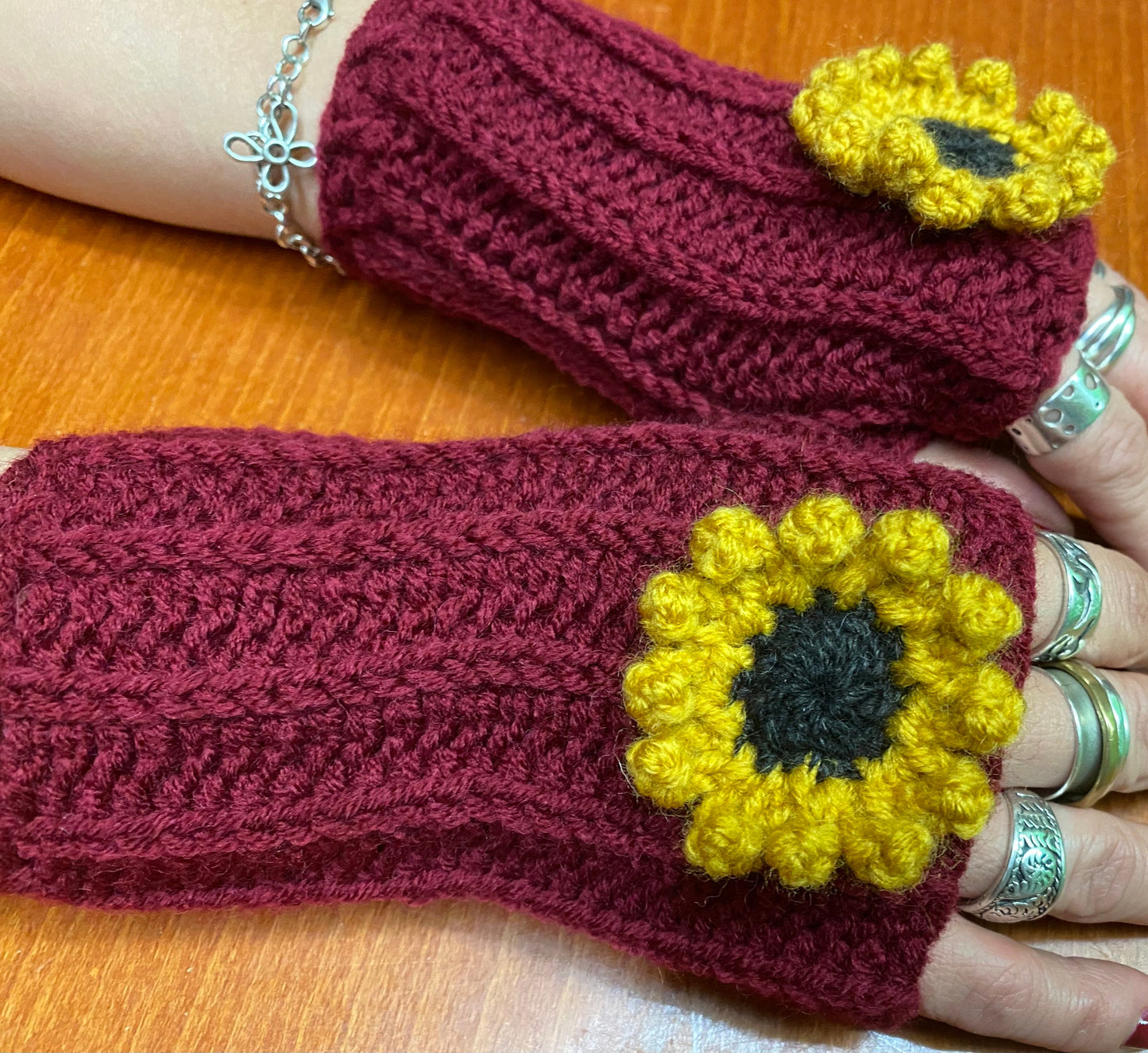 Crochet Sunflower Gloves: Burgundy Wool Blend Hand Warmers