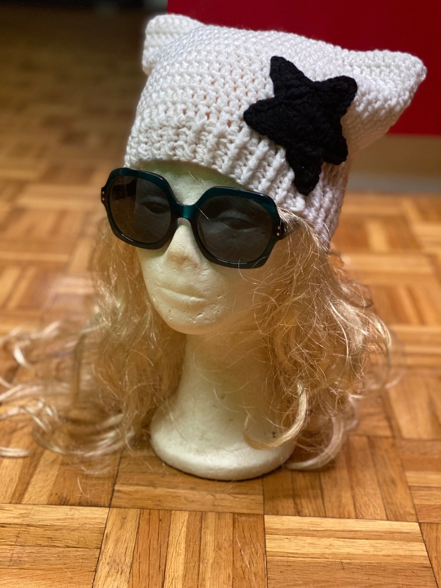 Custom Color Crochet Cat Ear Beanie with Star - Handmade Wool Blend