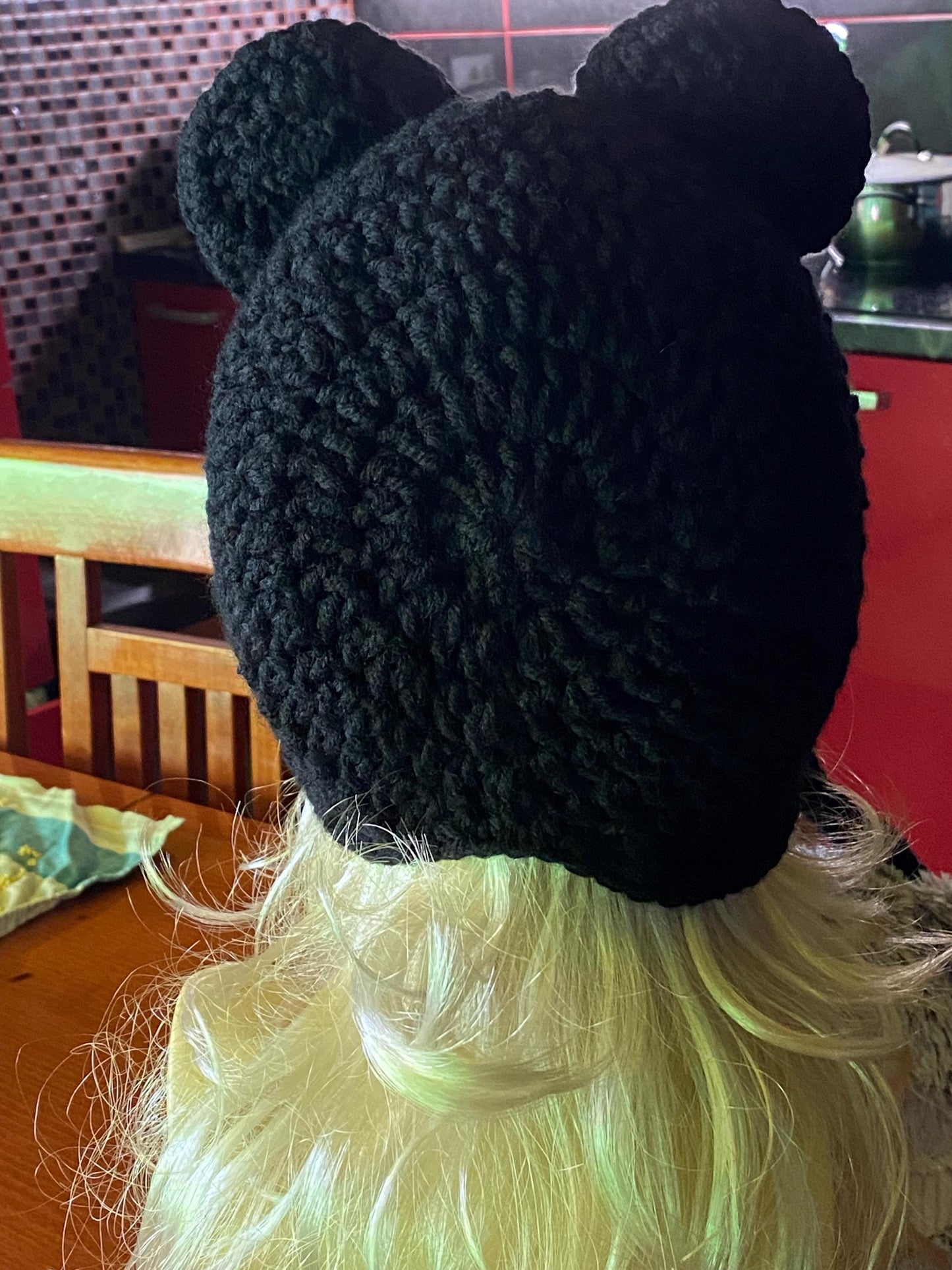 Handmade Black Bear Ear Bonnet with Ties, Crochet Animal Ear Beanie, Gothic Aesthetic Winter Hat, Cute Bear Ear Hood with Tassels, Coquette