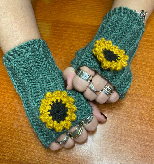 Crochet Sunflower Hand Warmers: Blue-Green Wool Blend Gloves