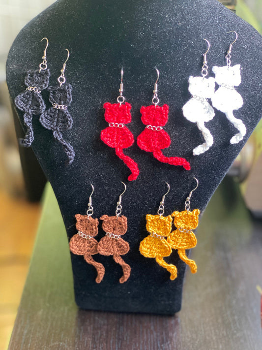 Crochet Cat Earrings: Handmade Cotton Yarn, Stainless Steel
