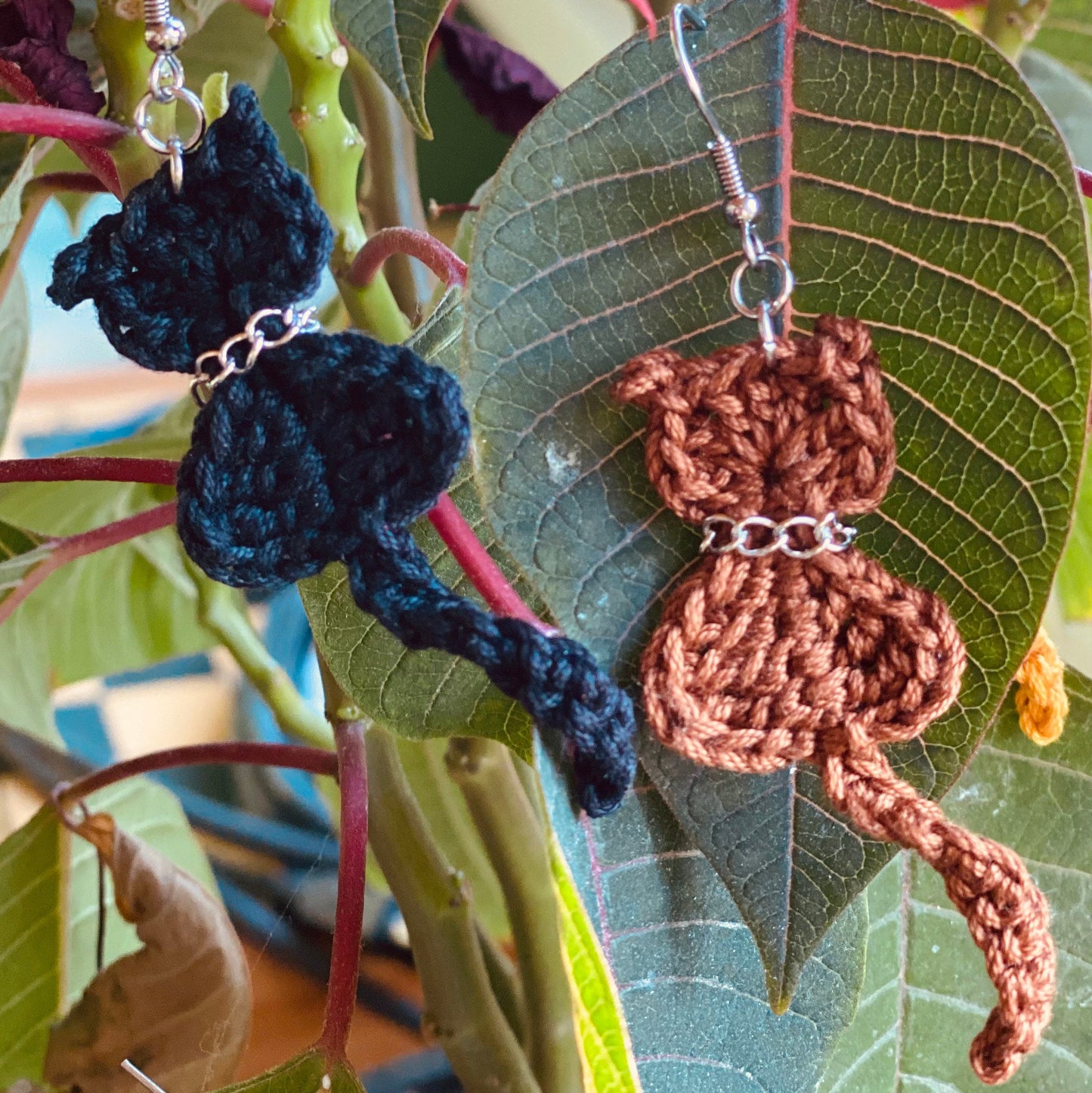 Handmade Crochet Cat Earrings: 100% Cotton, Stainless Steel Hook