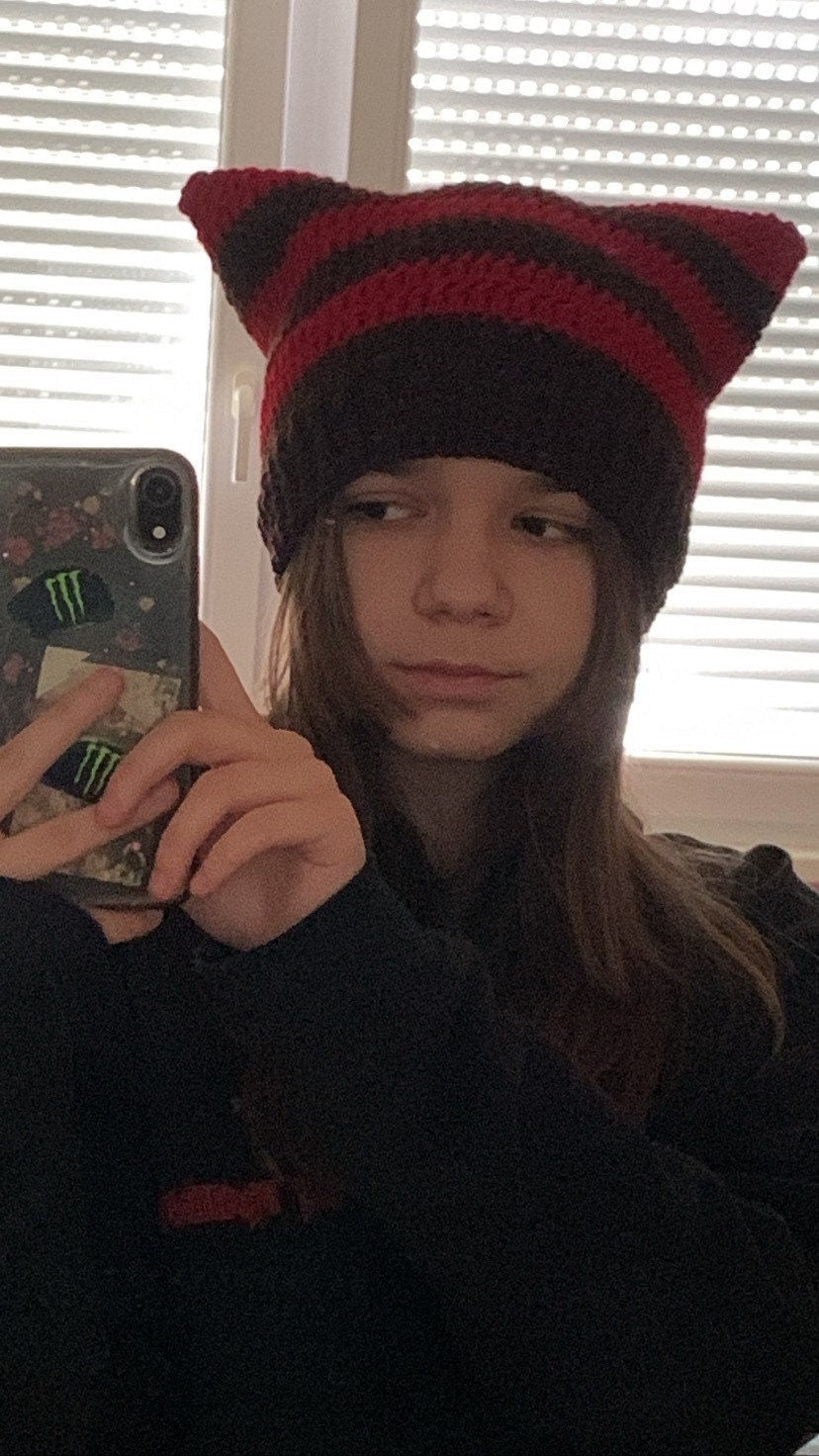Handmade Striped Crochet Cat Ear Beanie: Wool Blend