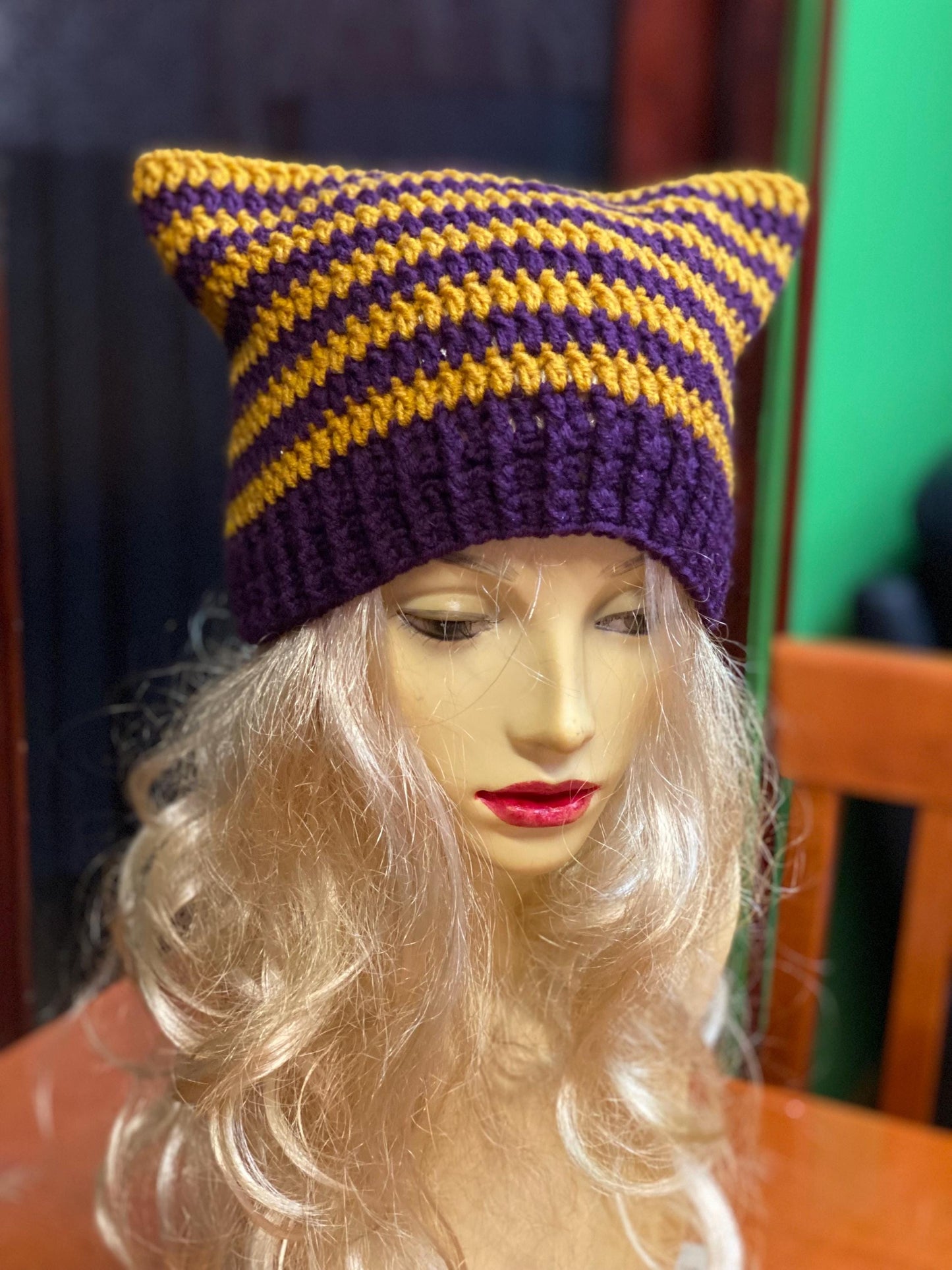 Crocheted Cat Ear Beanie: Plum & Yellow Striped Wool Blend