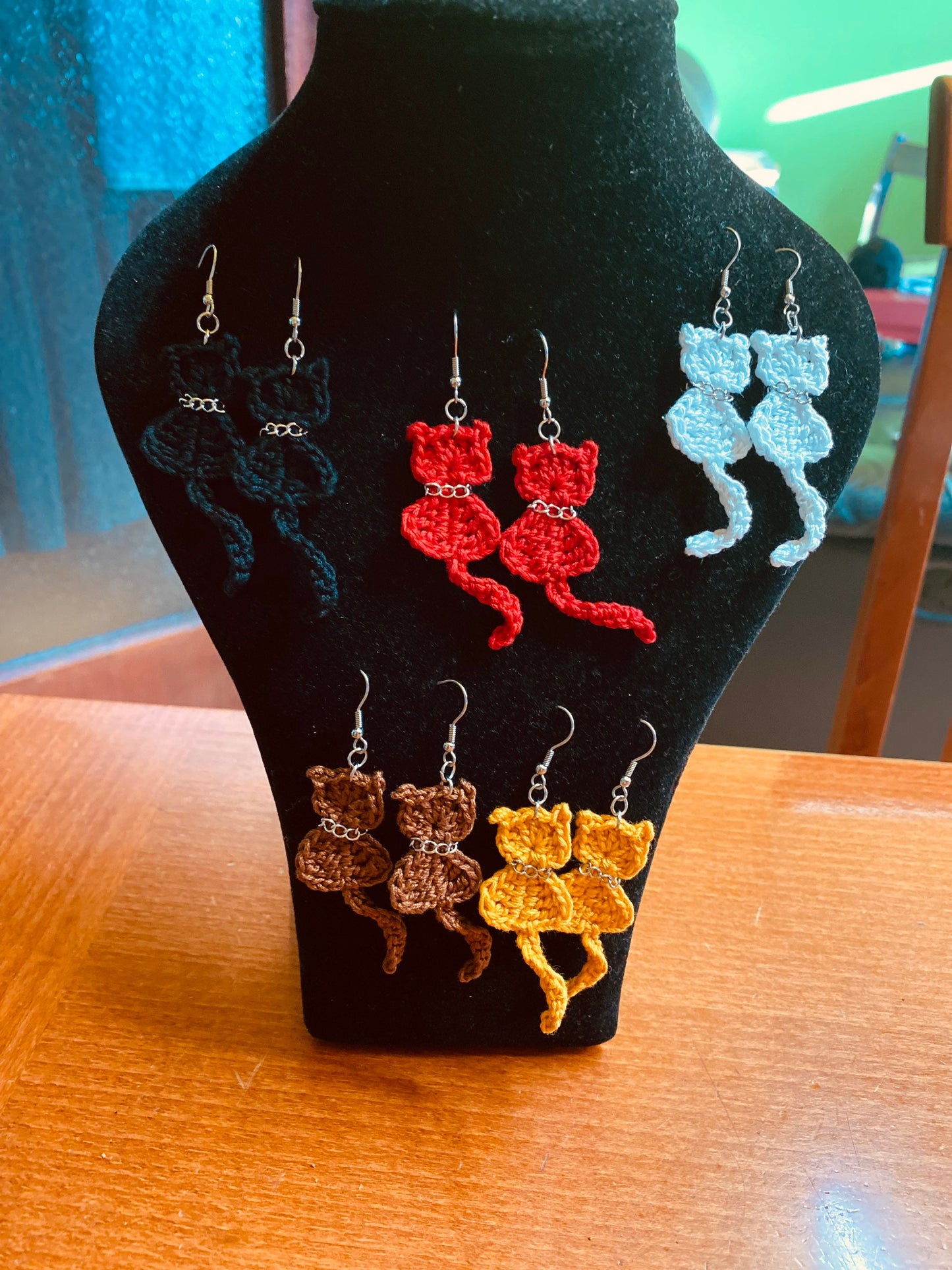 Handmade Crochet Cat Earrings: 100% Cotton, Stainless Steel Hook