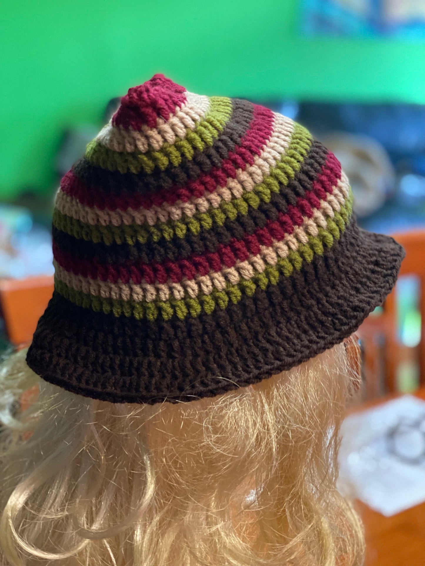 Crochet Cat Ears Bucket hat, striped earthy tones hat, striped winter bonnet, handmade striped kitty hat, grunge style hat, cat ears hat