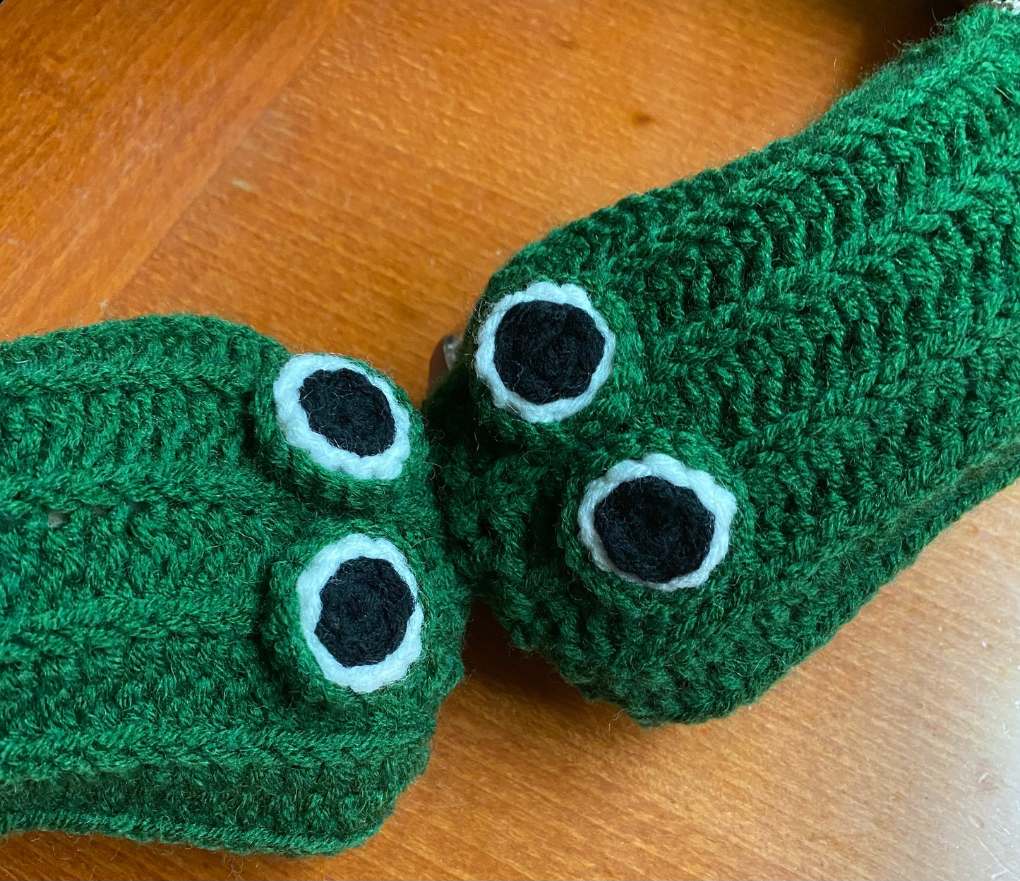 Crochet Frog Fingerless Gloves: Handmade Wool Blend Hand Warmers