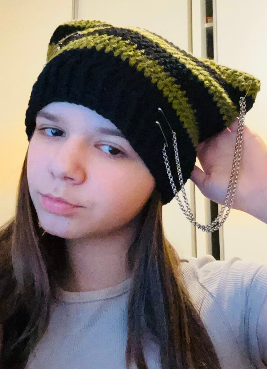 Cat chain beanie, custom Cat beanie, crochet cat ear pins beanie, cat hat, cat ears beanie with chain, star and cross, handmade gift