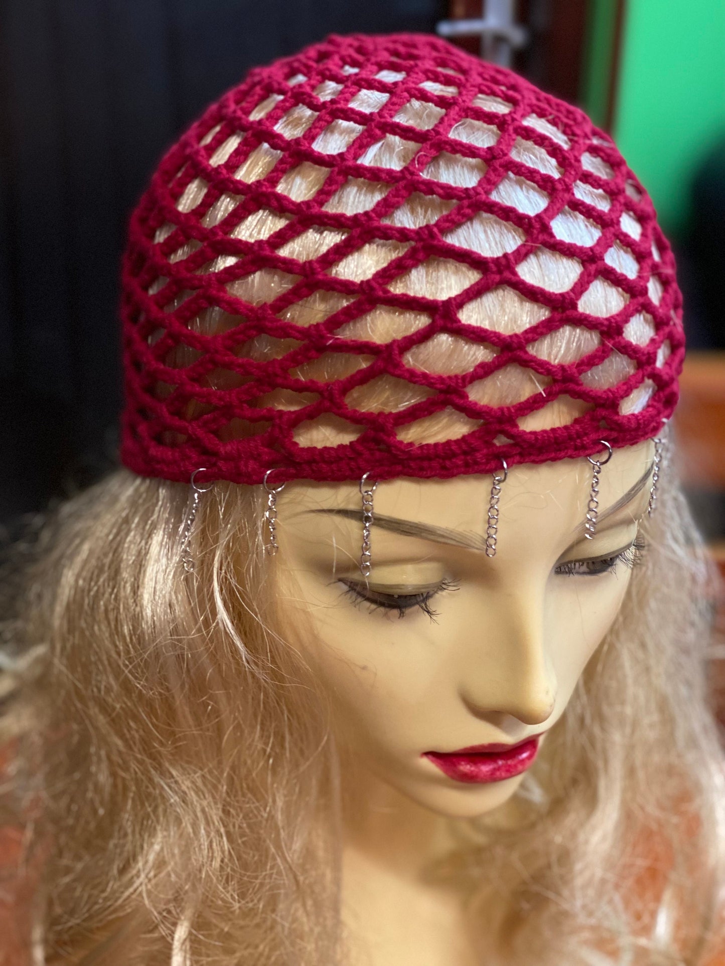 Crochet Mesh beanie, netted mesh beanie, crochet mesh hat, handmade mesh hat, handmade gift, red beanie, cap with chain bangs