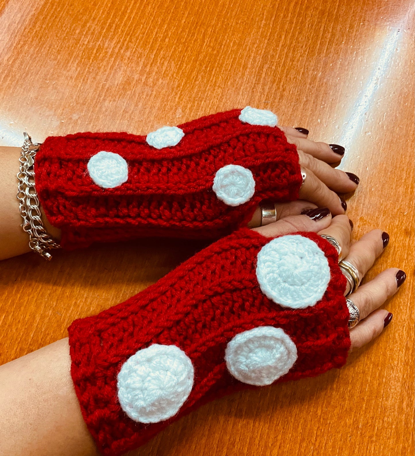 Crochet Mushroom Fingerless Gloves: Wool Blend Hand Warmers