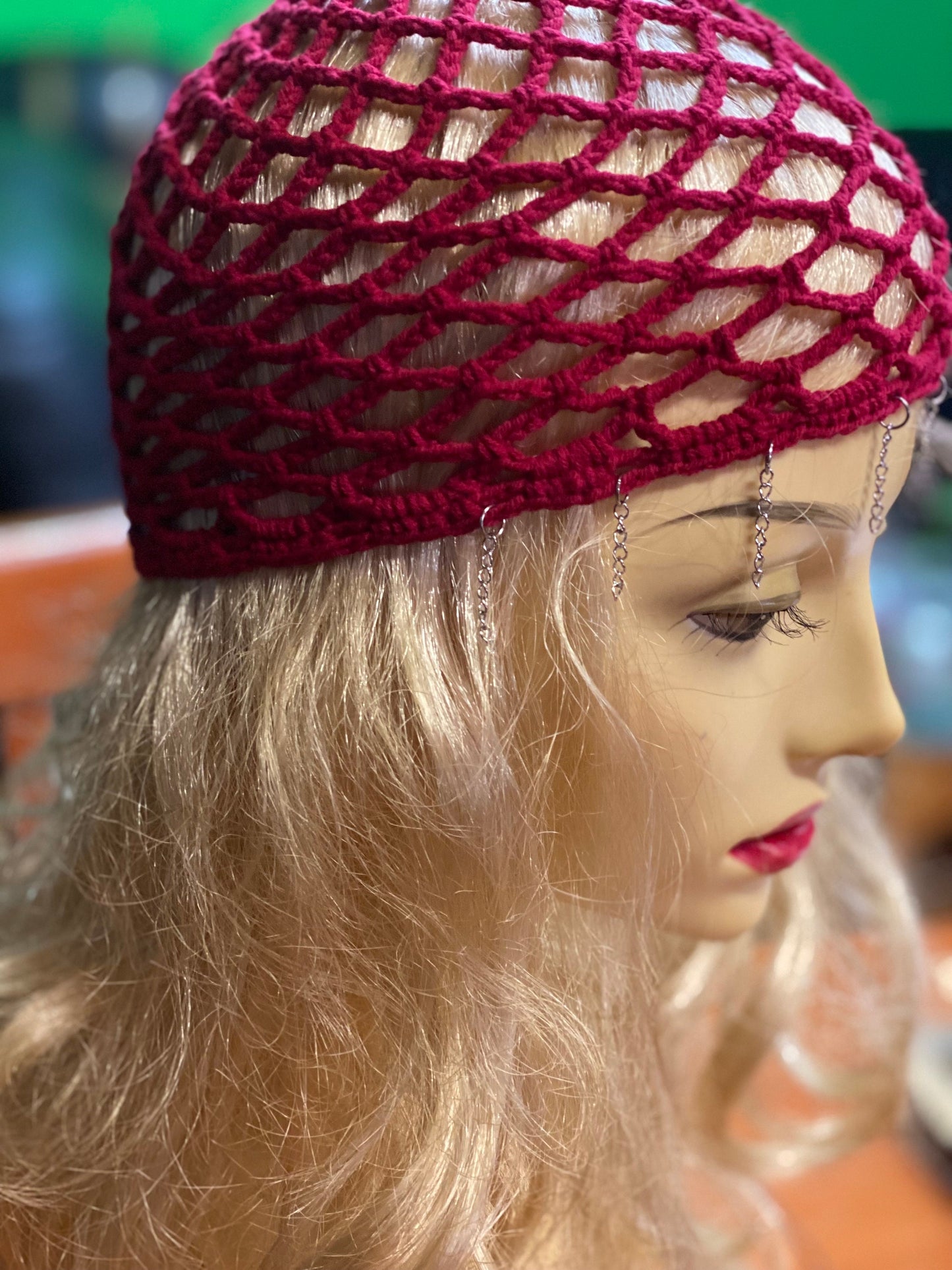Crochet Mesh beanie, netted mesh beanie, crochet mesh hat, handmade mesh hat, handmade gift, red beanie, cap with chain bangs