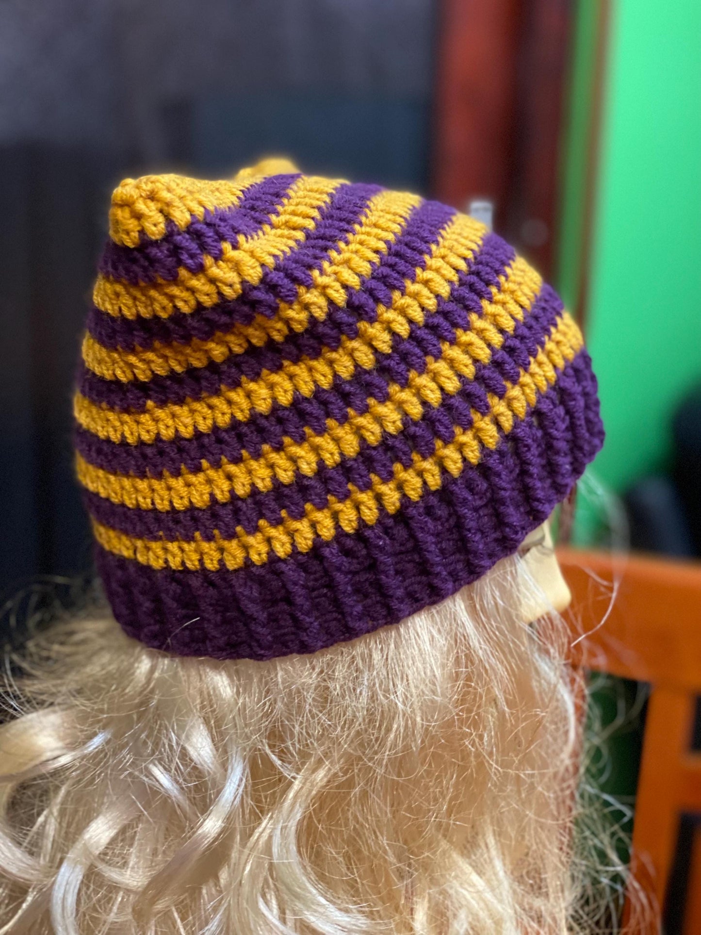 Crocheted Cat Ear Beanie: Plum & Yellow Striped Wool Blend