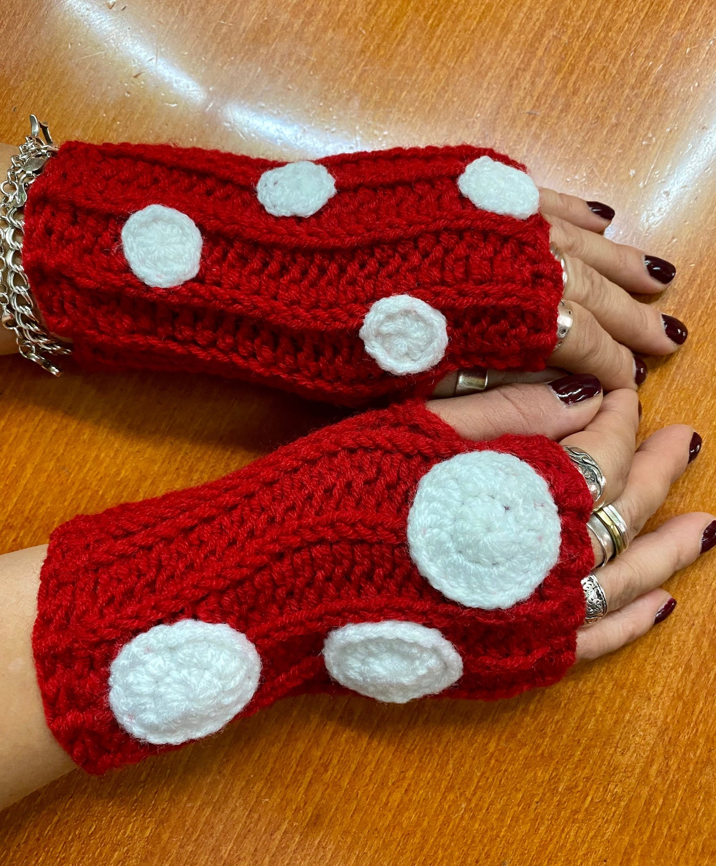 Crochet Mushroom Fingerless Gloves: Wool Blend Hand Warmers
