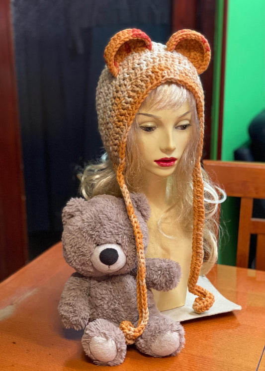 Handmade Black Bear Ear Bonnet with Ties, Crochet Animal Ear Beanie, Gothic Aesthetic Winter Hat, Cute Bear Ear Hood with Tassels, Coquette