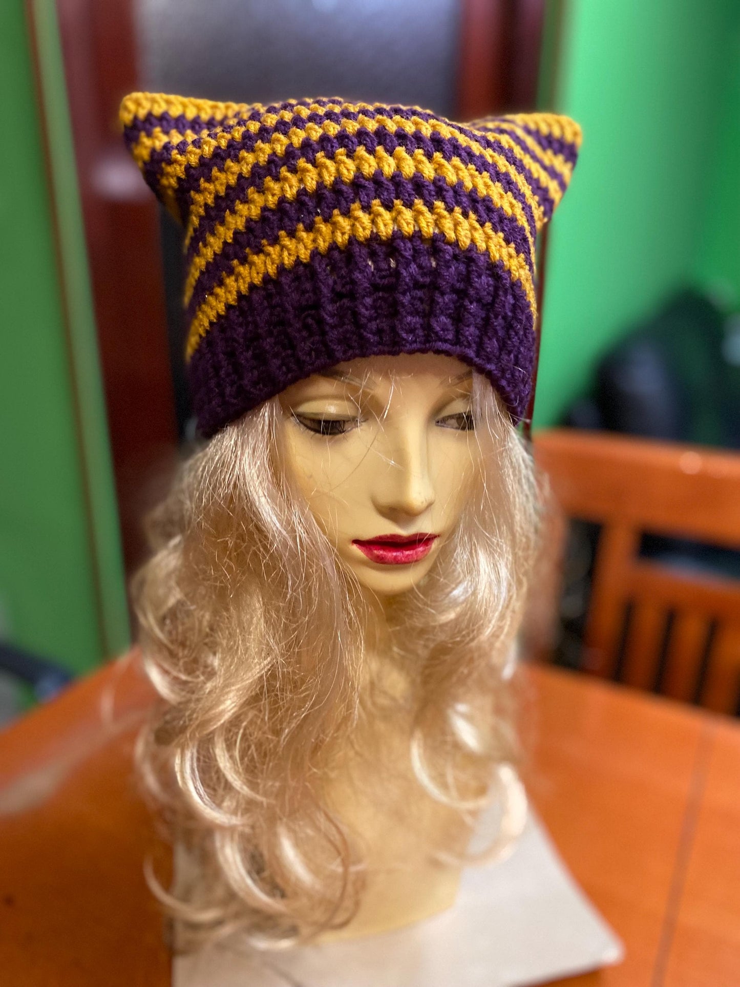 Crocheted Cat Ear Beanie: Plum & Yellow Striped Wool Blend