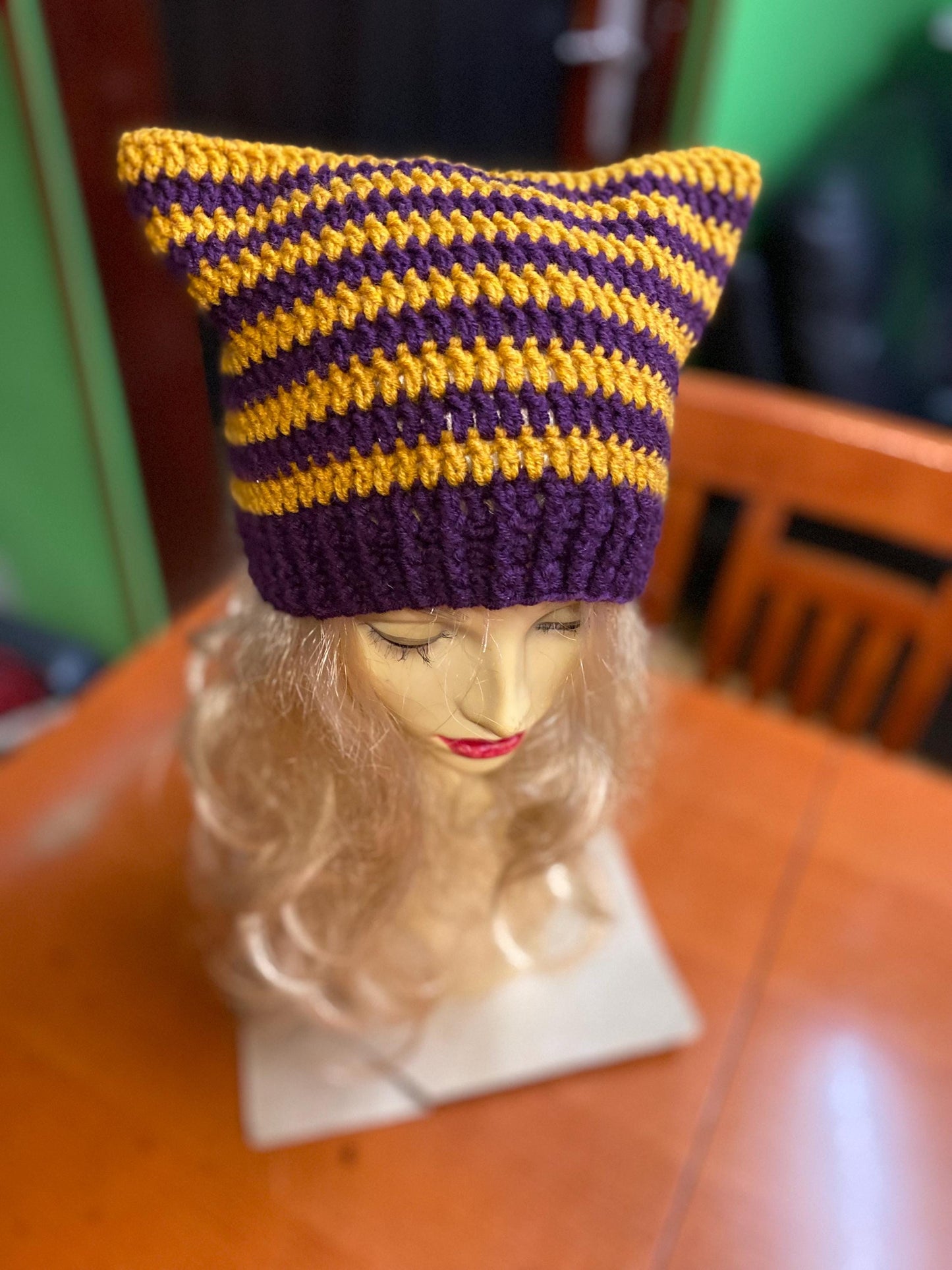 Crocheted Cat Ear Beanie: Plum & Yellow Striped Wool Blend