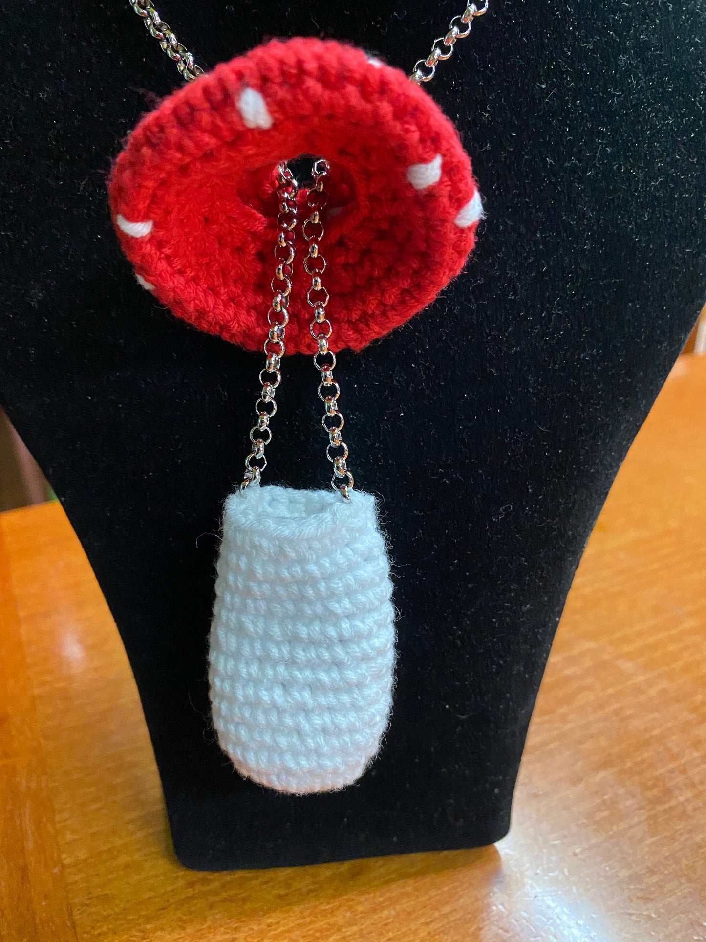 Crochet Mushroom Necklace: Handmade Cotton Blend Stainless Steel Chain