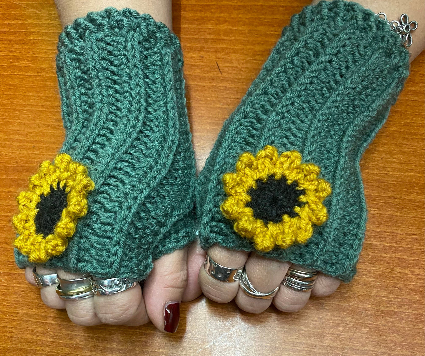 Crochet Sunflower Hand Warmers: Blue-Green Wool Blend Gloves