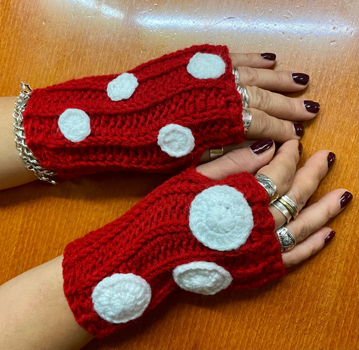 Crochet Mushroom Fingerless Gloves: Wool Blend Hand Warmers