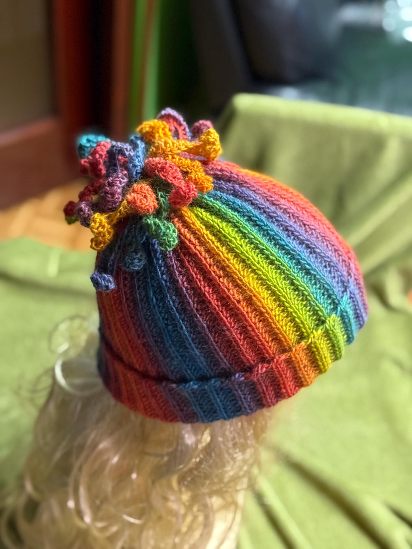 Crochet Rainbow Hat, Colorful Winter Beanie, Unique Spiral Pom Pom Hat, Handmade Gift for Her, Vibrant Boho Winter Accessory, Wool Knit hat