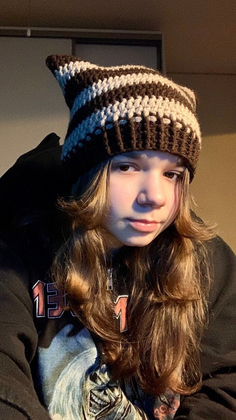 Striped Crochet Cat Ears Beanie: Handmade Wool Blend Hat